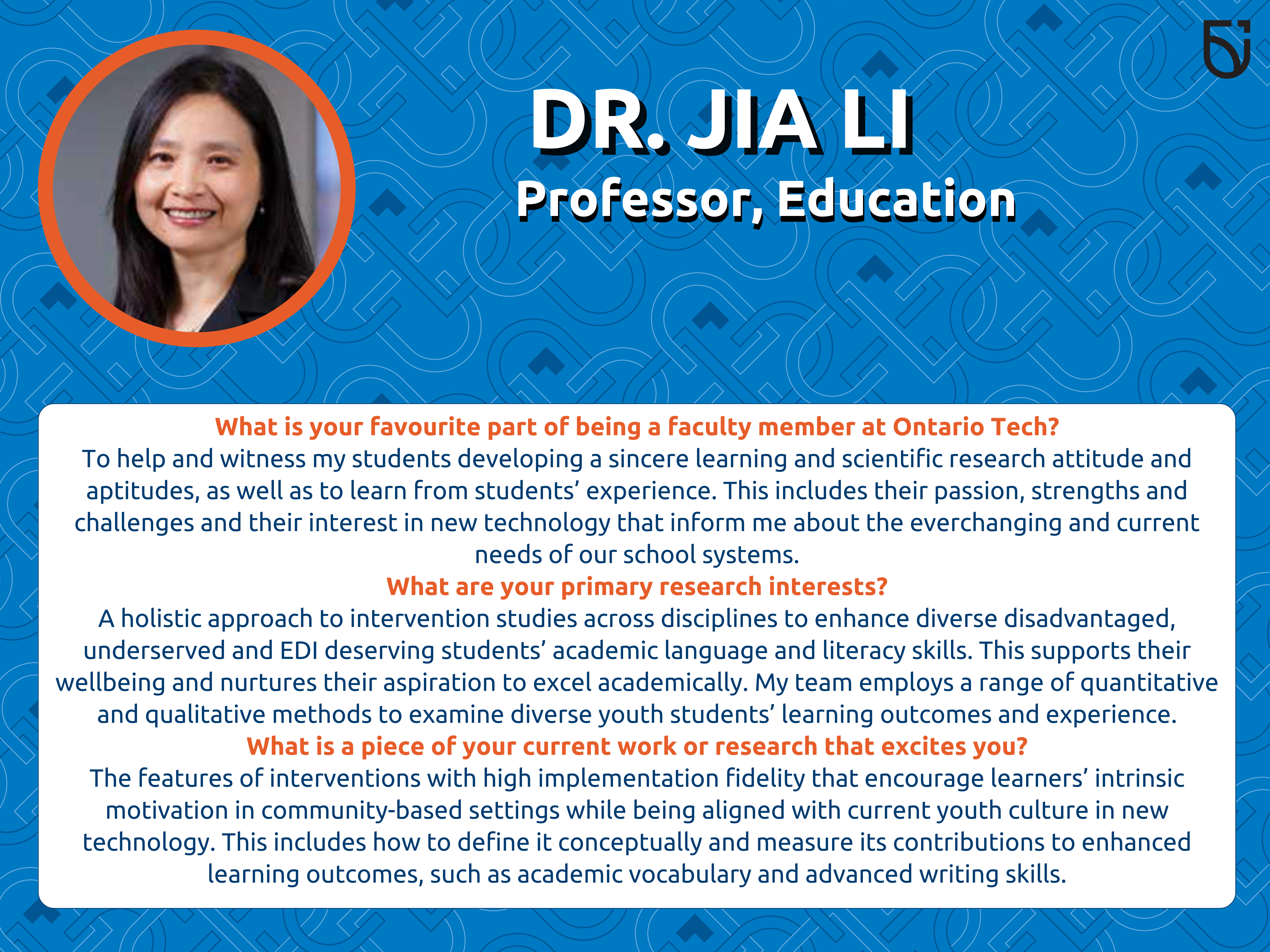 This photo is a Women’s Wednesday feature of Dr. Jia Li, a Professor in the Mitch & Leslie Frazer Faculty of Education.