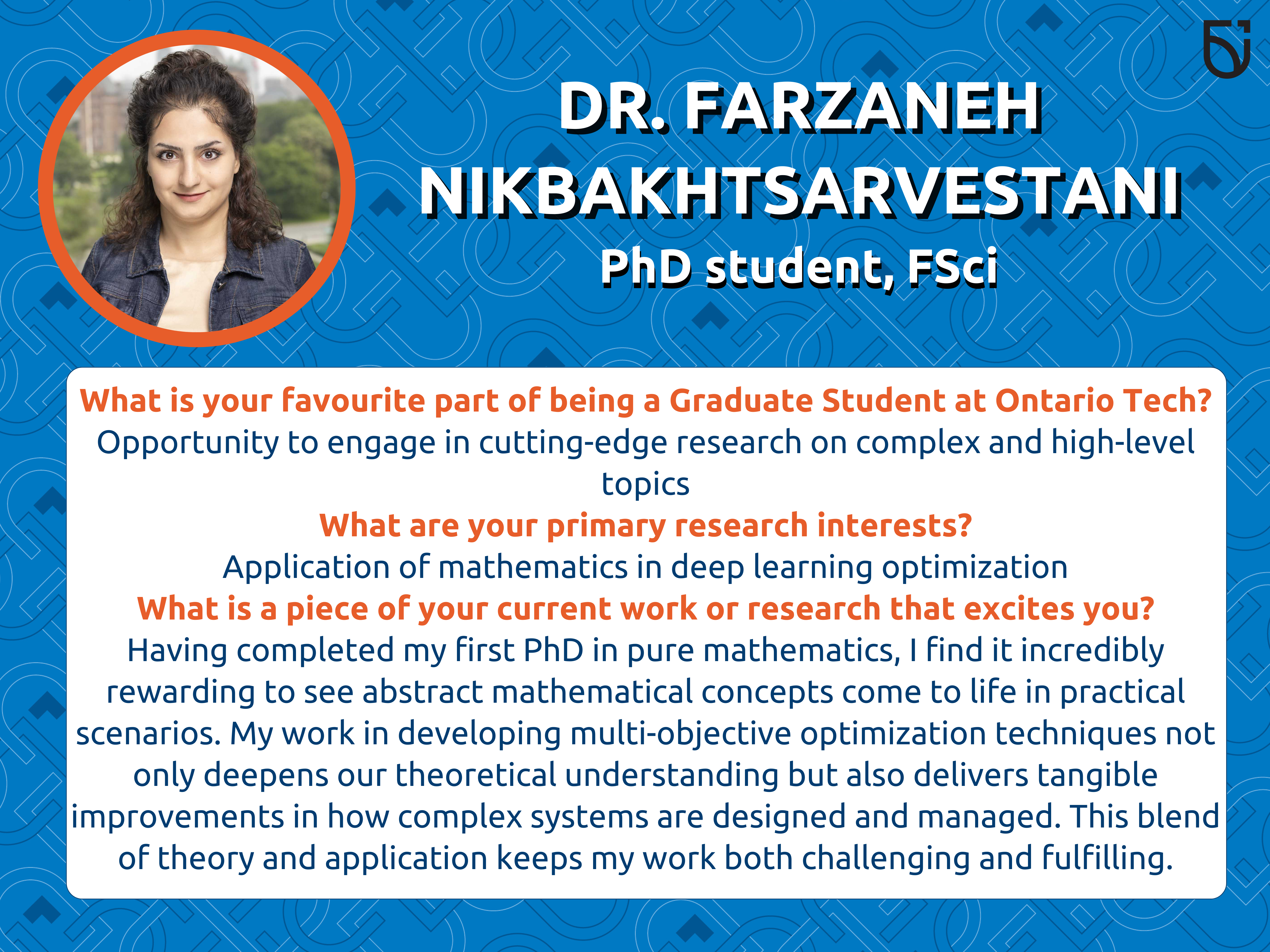 This photo is a Women's Wednesday feature of Dr. Farzaneh Nikbakhtsarvestani, a PhD Student in the Faculty of Science