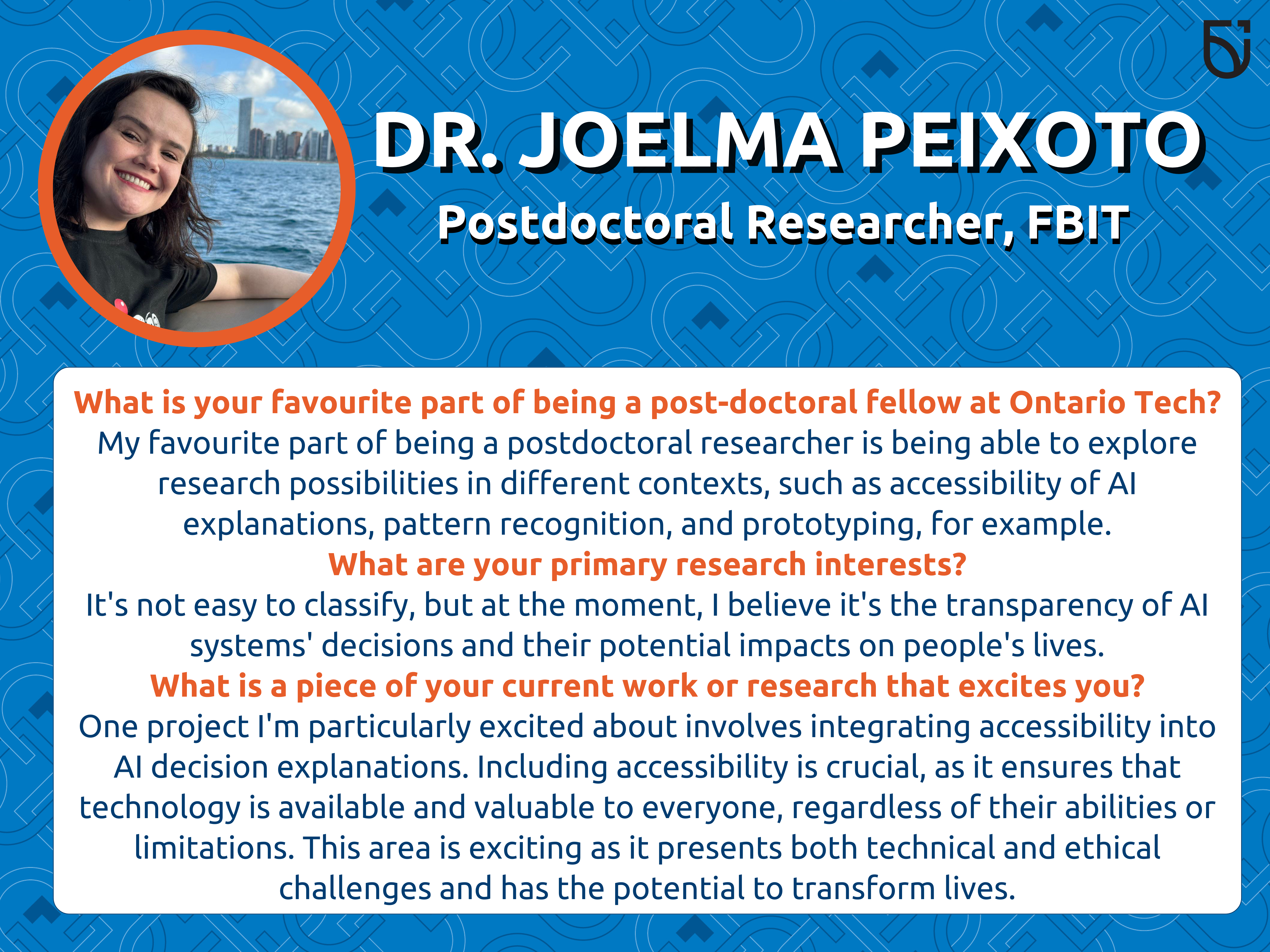 This photo is a Women’s Wednesday feature of Dr. Joelma Peixoto, a Post-Doctoral Fellow in the Faculty of Business & IT