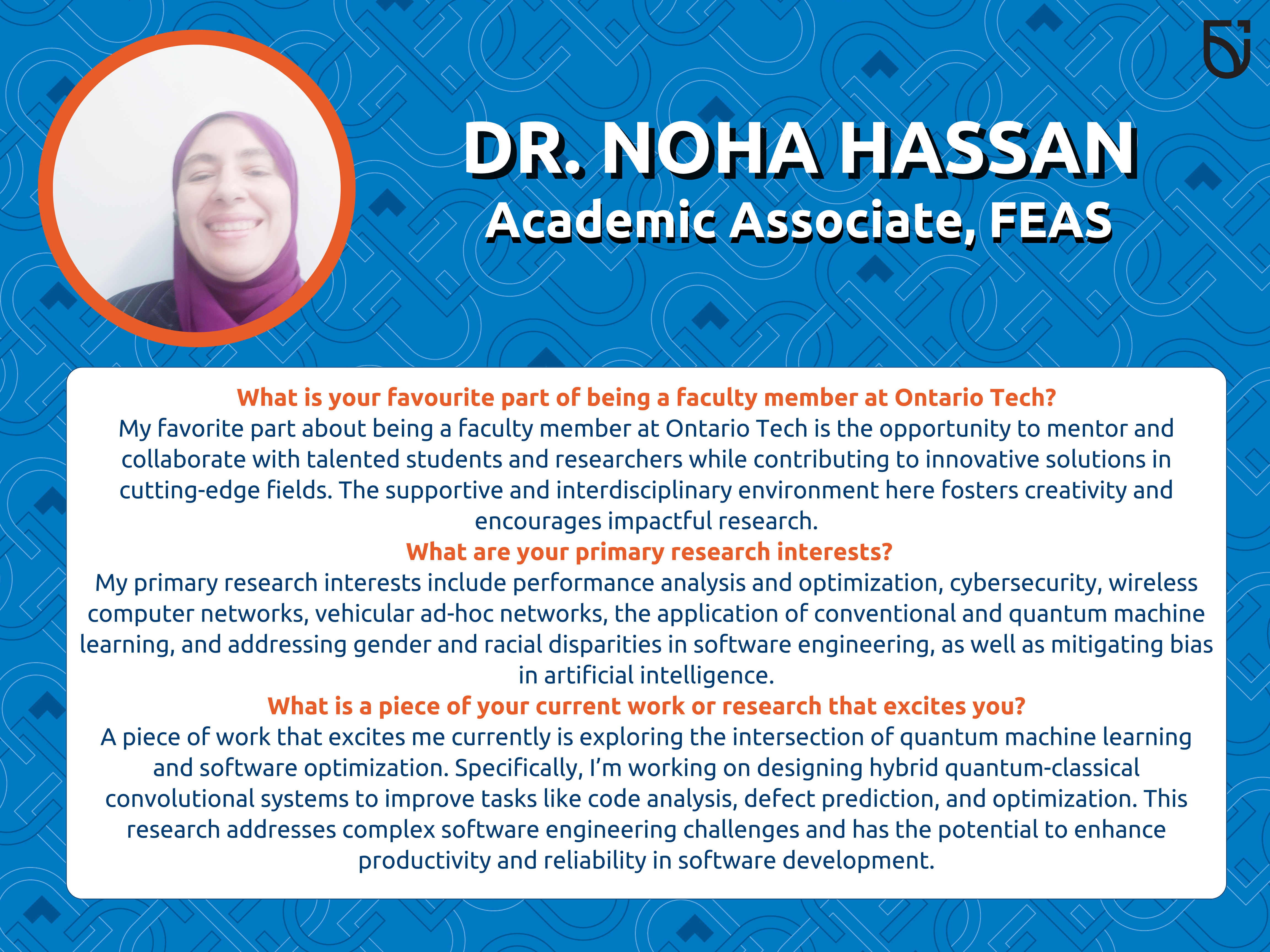 This photo is a Women's Wednesday feature of Dr. Noha Hassan, an Academic Associate in the Faculty of Engineering and Applied Science.