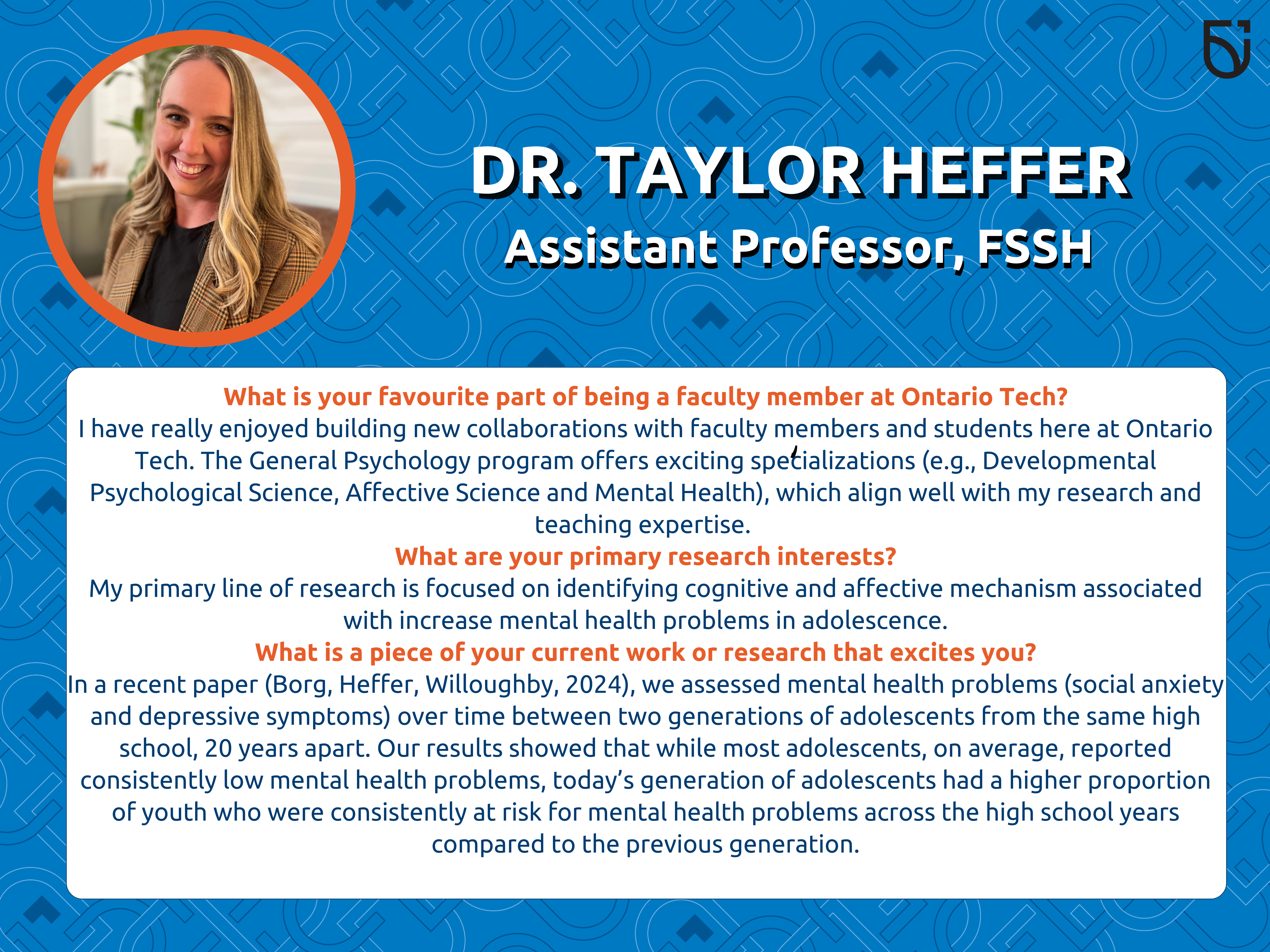 This photo is a Women's Wednesday feature of Dr. Taylor Heffer, and Assistant Professor in the Faculty of Social Science and Humanities