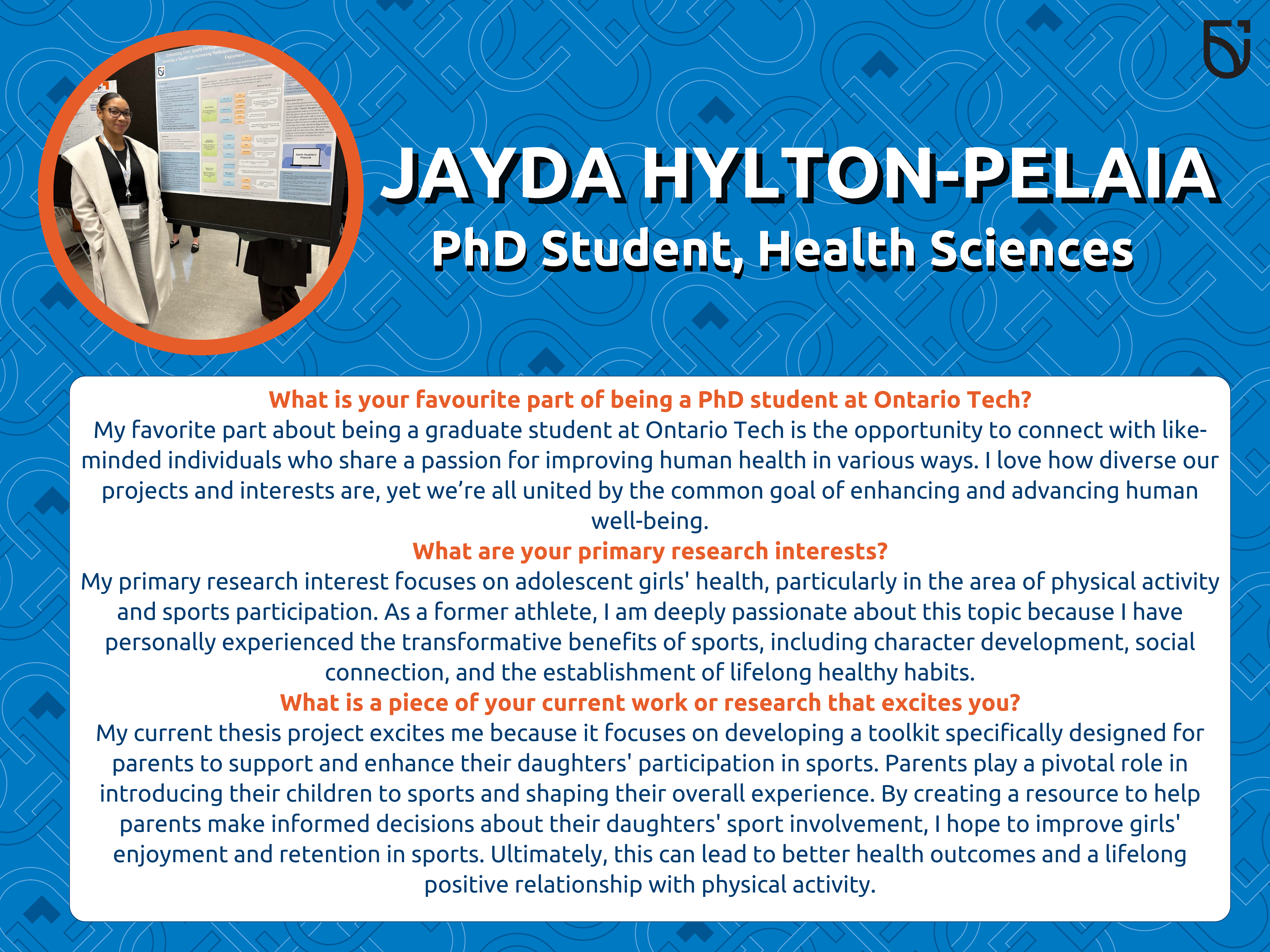 This photo is a Women's Wednesday feature of Jayda Hylton-Pelaia, a PhD student in the faculty of health science.