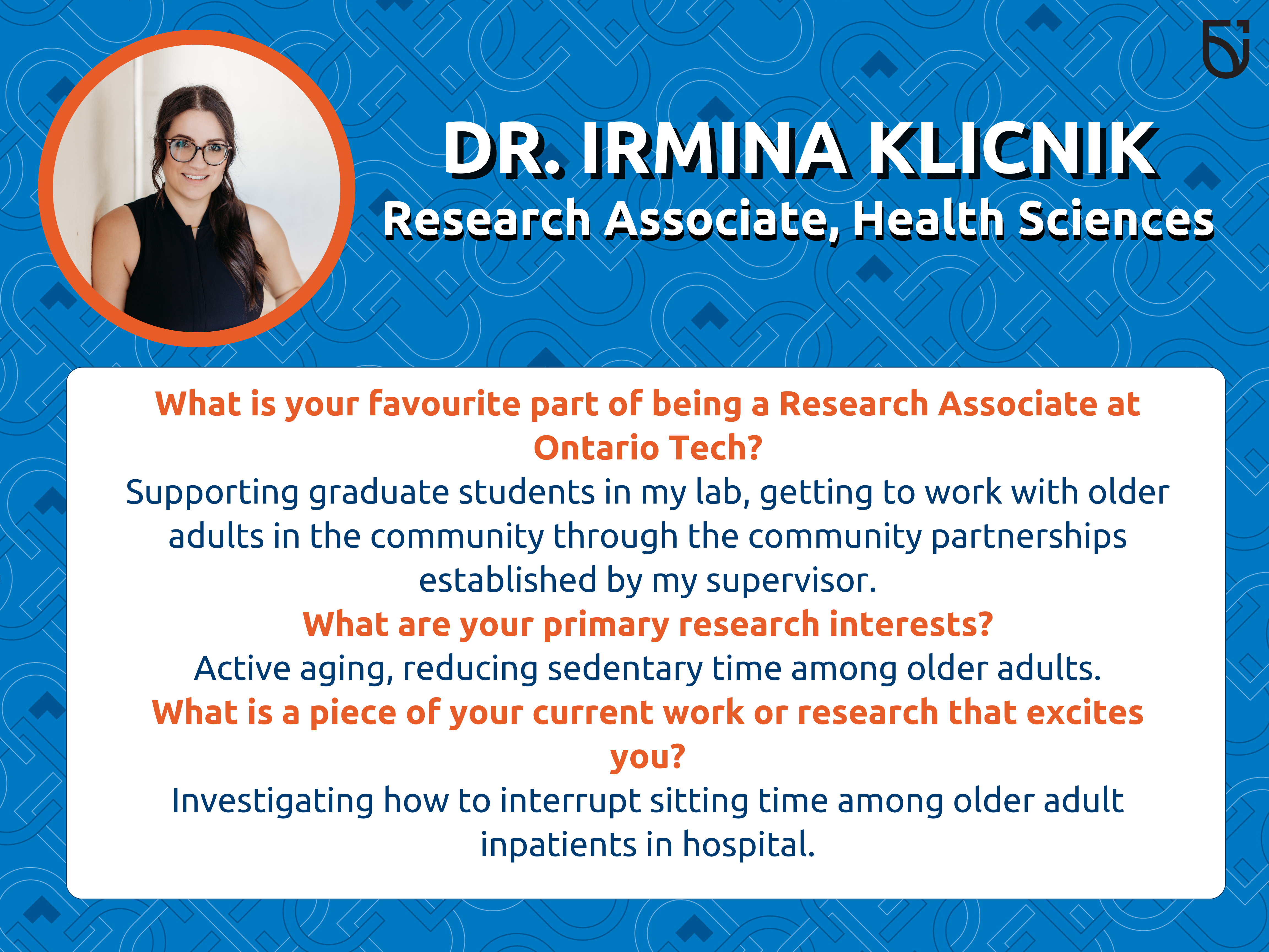 This photo is a Women's Wednesday feature of Dr. Irmina Klicnik, a Research Associate in the Faculty of Health Sciences.