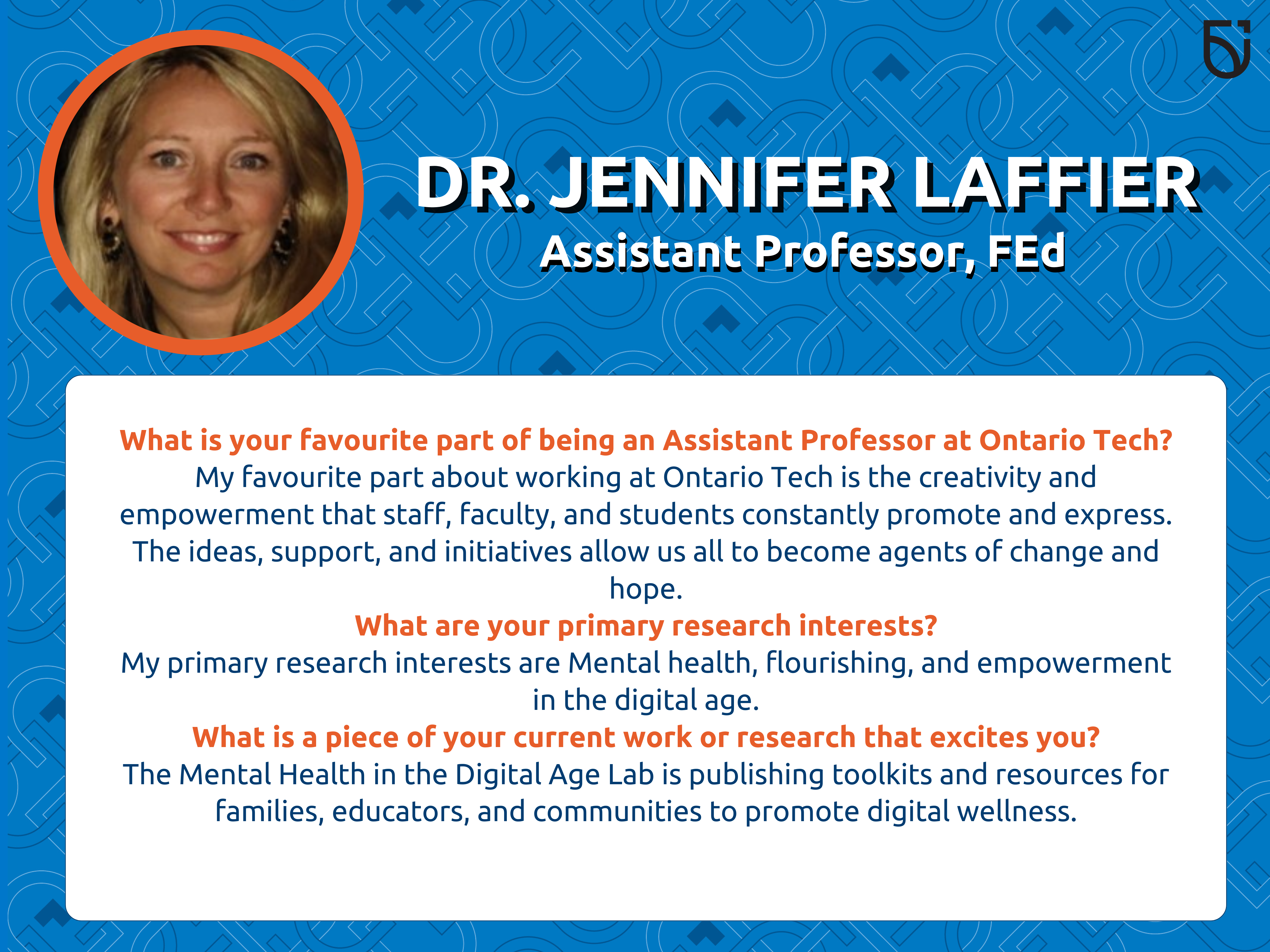 This photo is a Women's Wednesday feature of Dr. Jennifer Laffier, an Assistant Professor in the Mitch and Leslie Frazer Faculty of Education