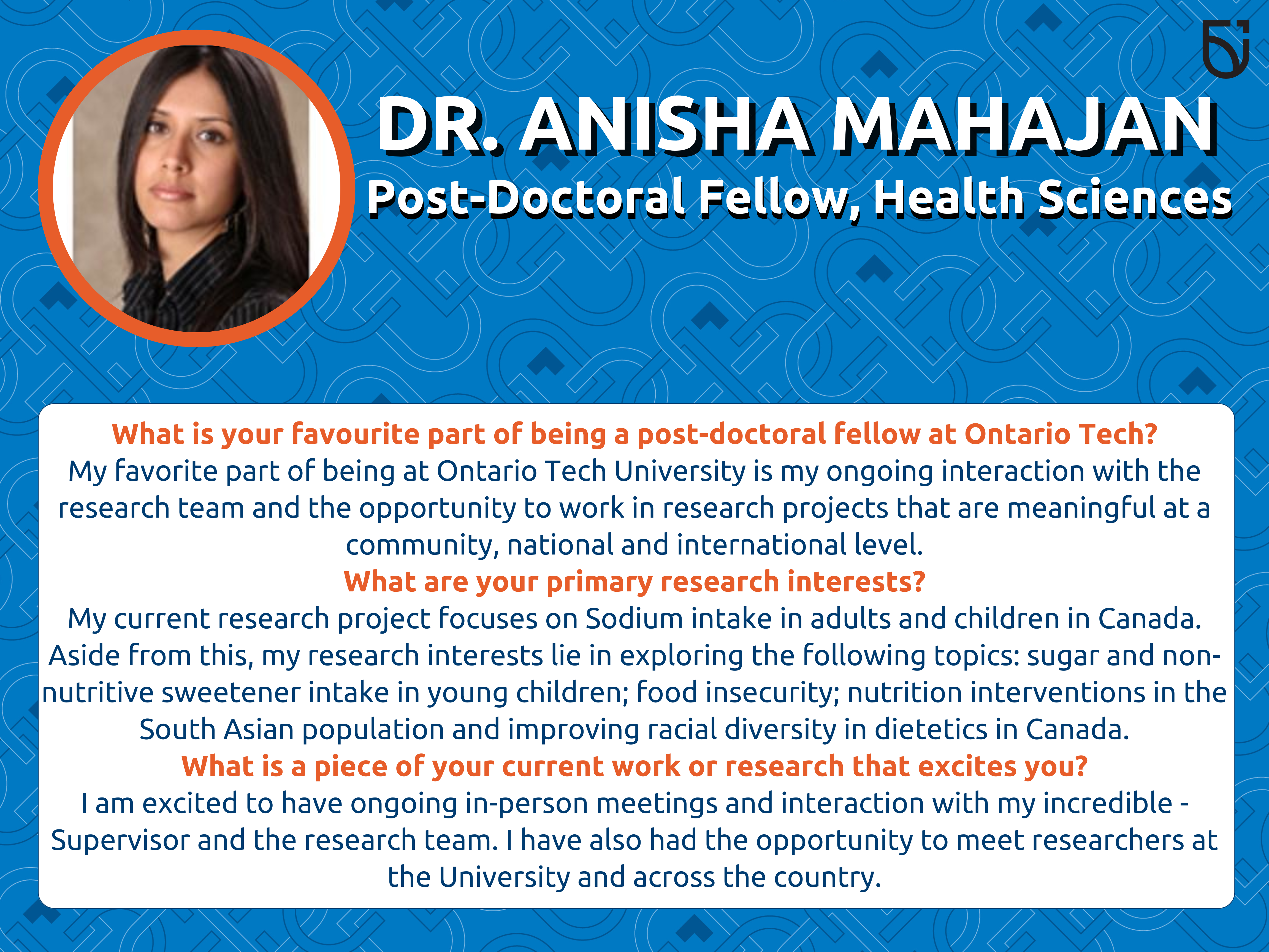 This photo is a Women’s Wednesday feature of Dr. Anisha Mahajan, a Post-Doctoral Fellow in the Faculty of Health Sciences.