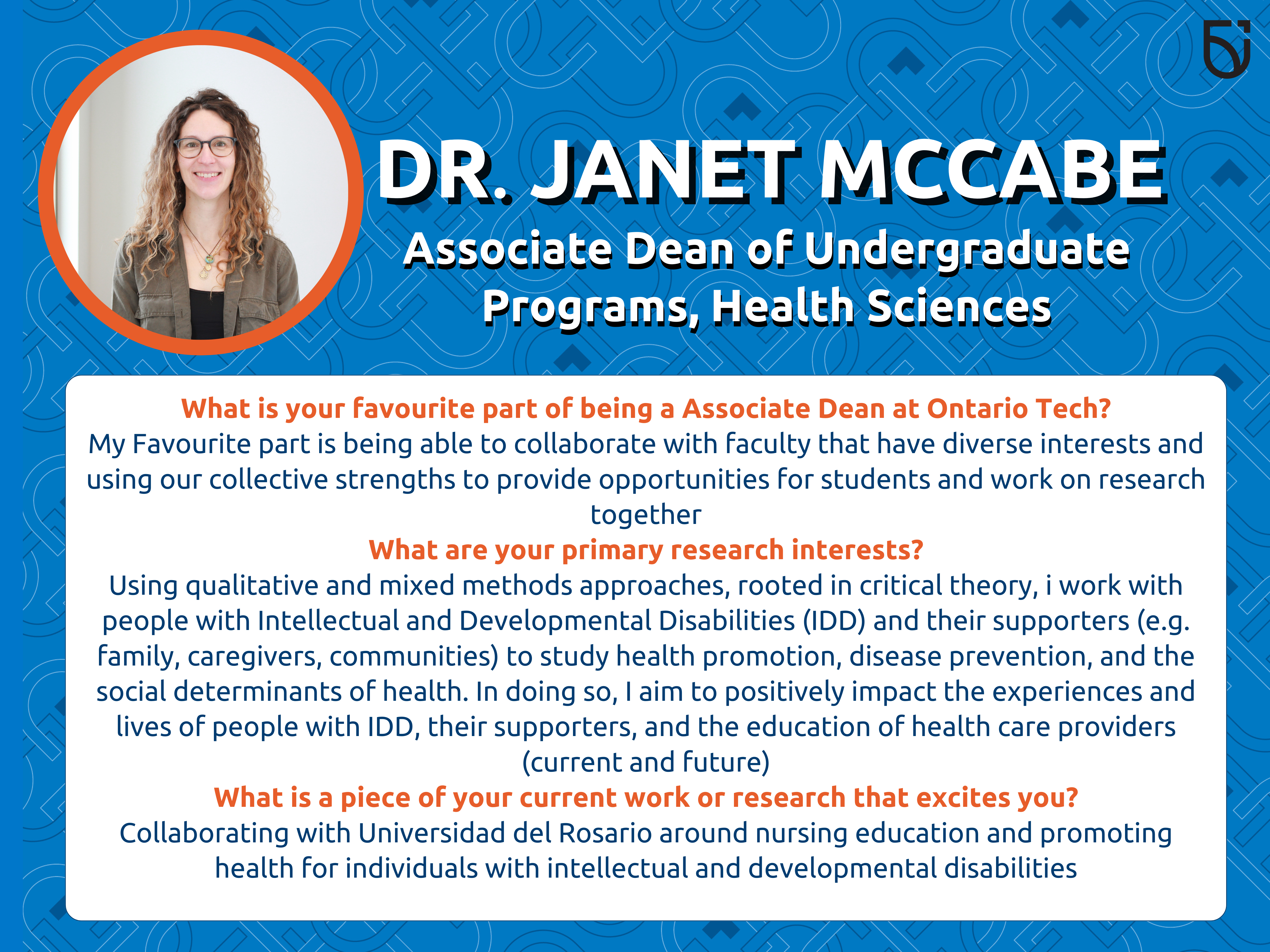 This photo is a Women's Wednesday Feature of Dr. Janet McCabe, and Associate Dean in the Faculty of Health Sciences