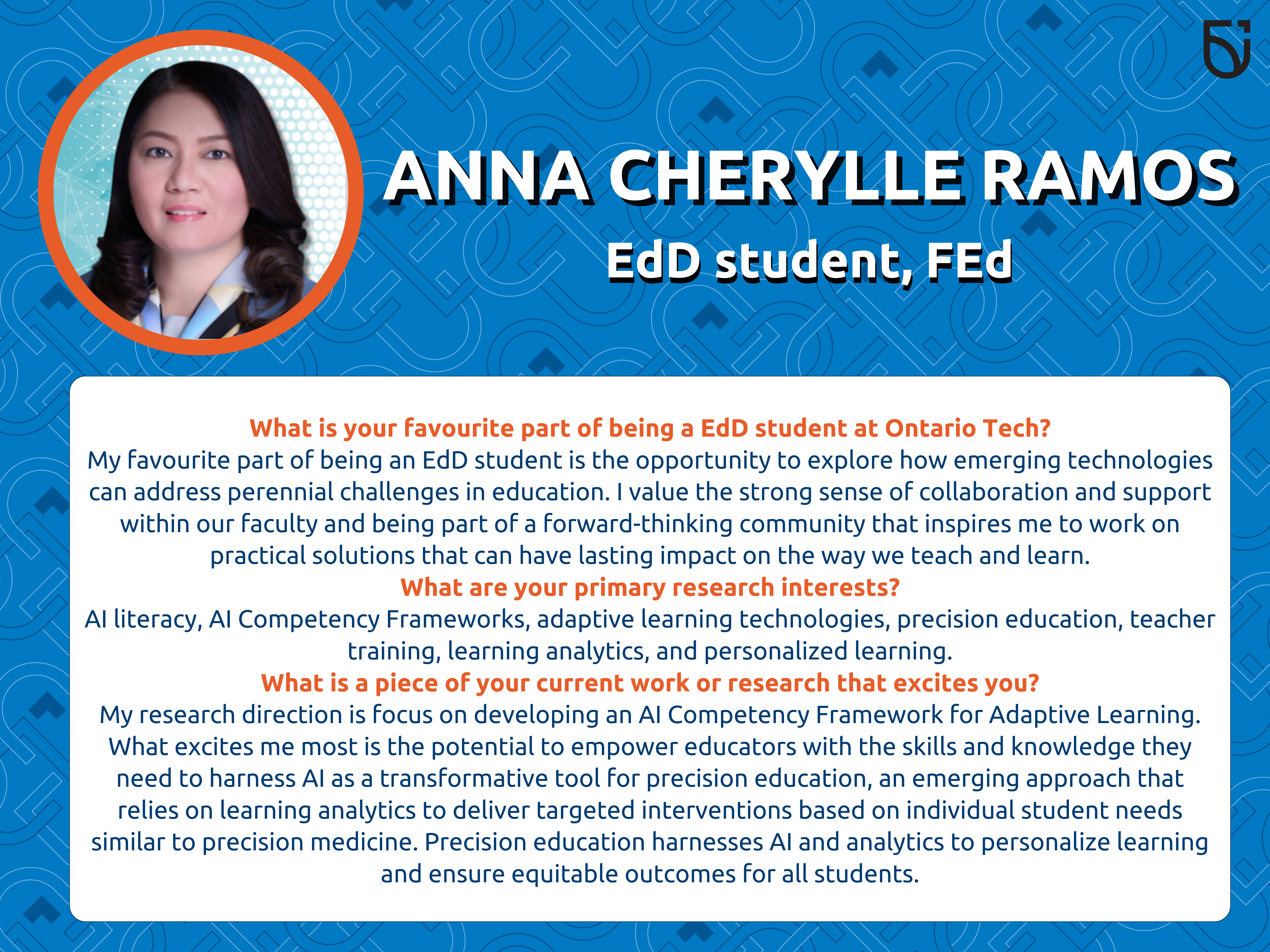This photo is a Women's Wednesday feature of Anna Cherylle Ramos, a Graduate Student in the Mitch and Leslie Frazer Faculty of Education