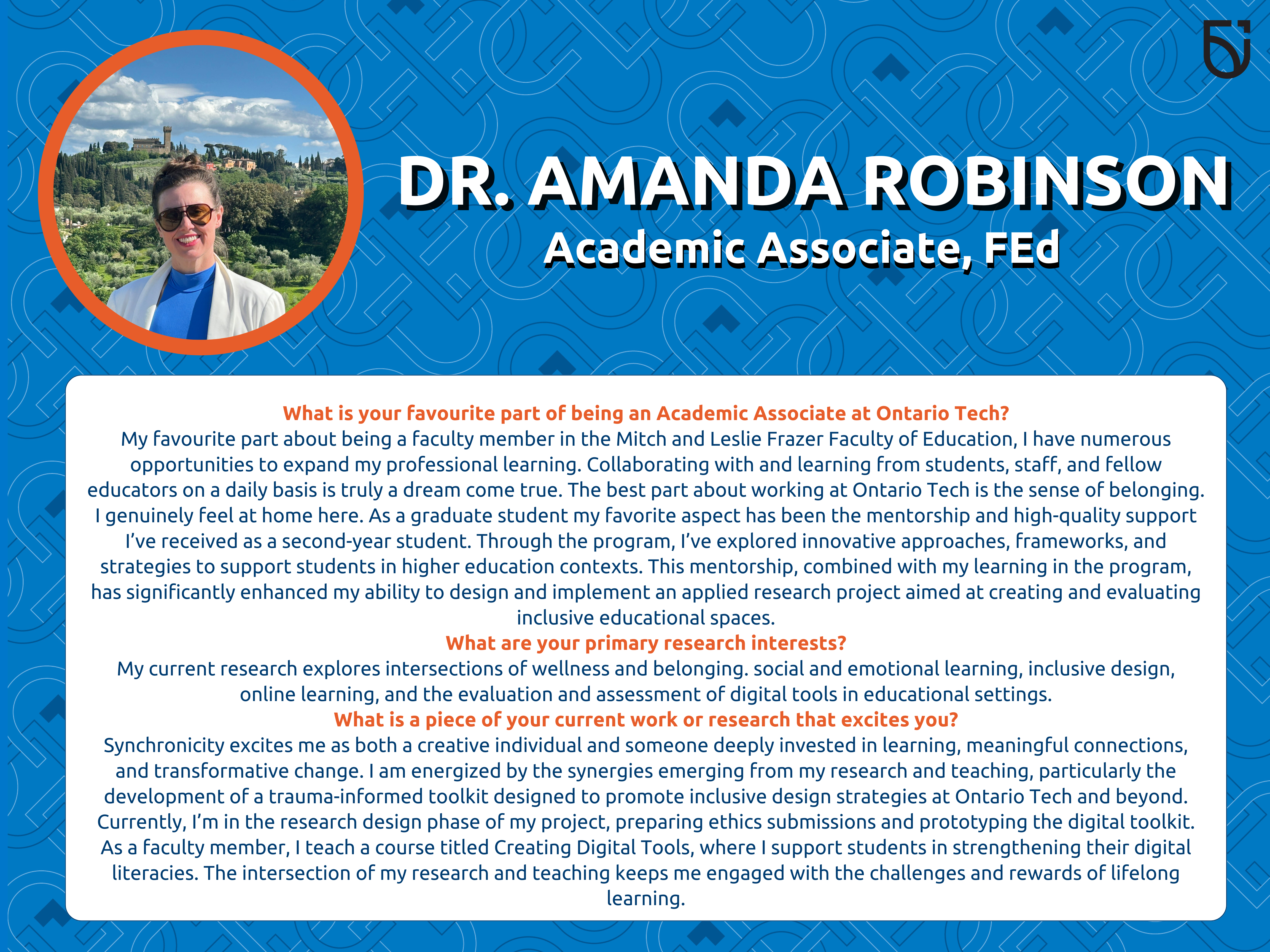 This photo is a Women's Wednesday feature of Dr. Amanda Robinson, an Academic Associate in the Mitch and Leslie Frazer Faculty of Education.