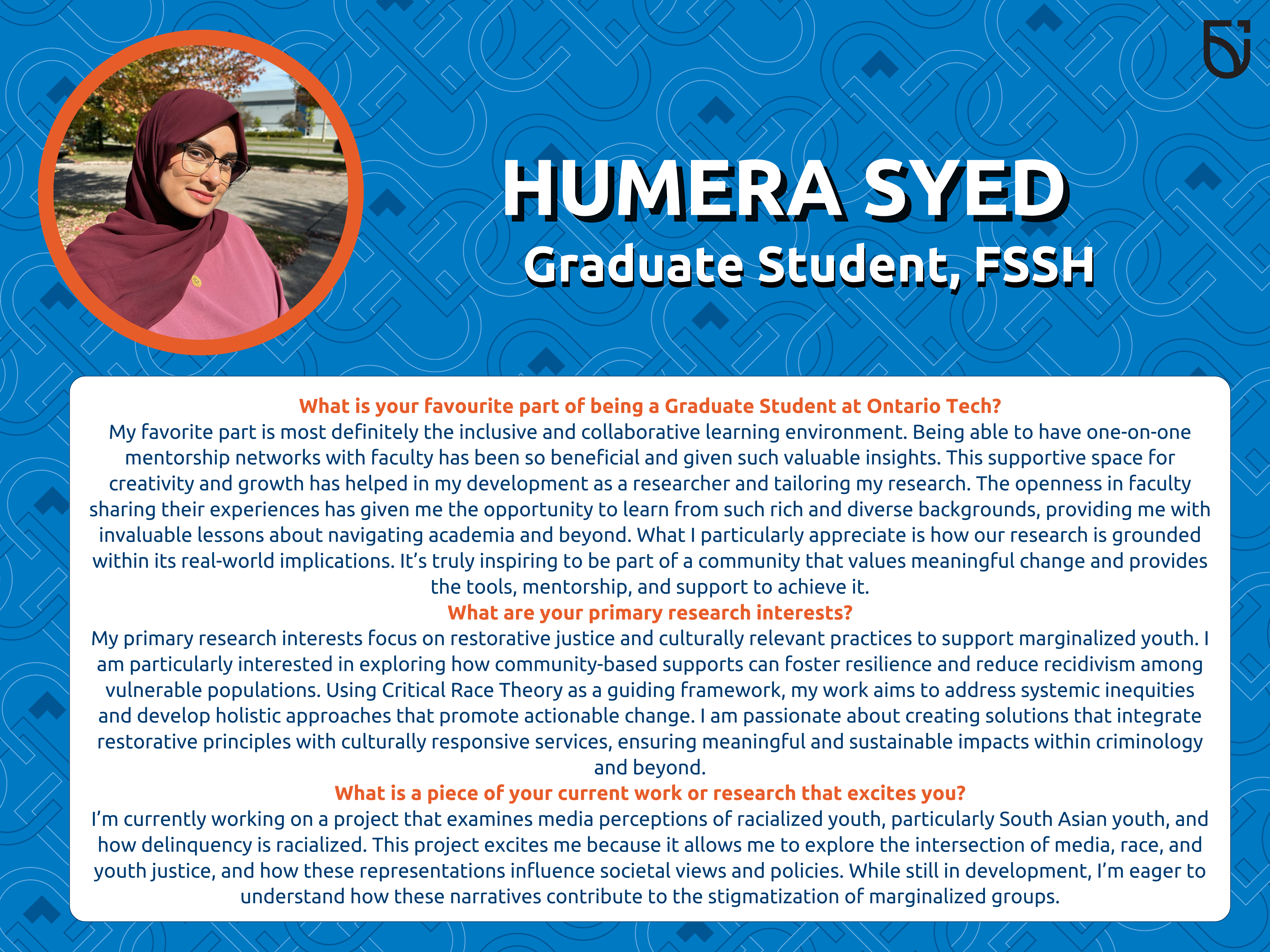 This photo is a Women's Wednesday feature of Humera Syed, a master's student in the Faculty of Social Science and Humanities