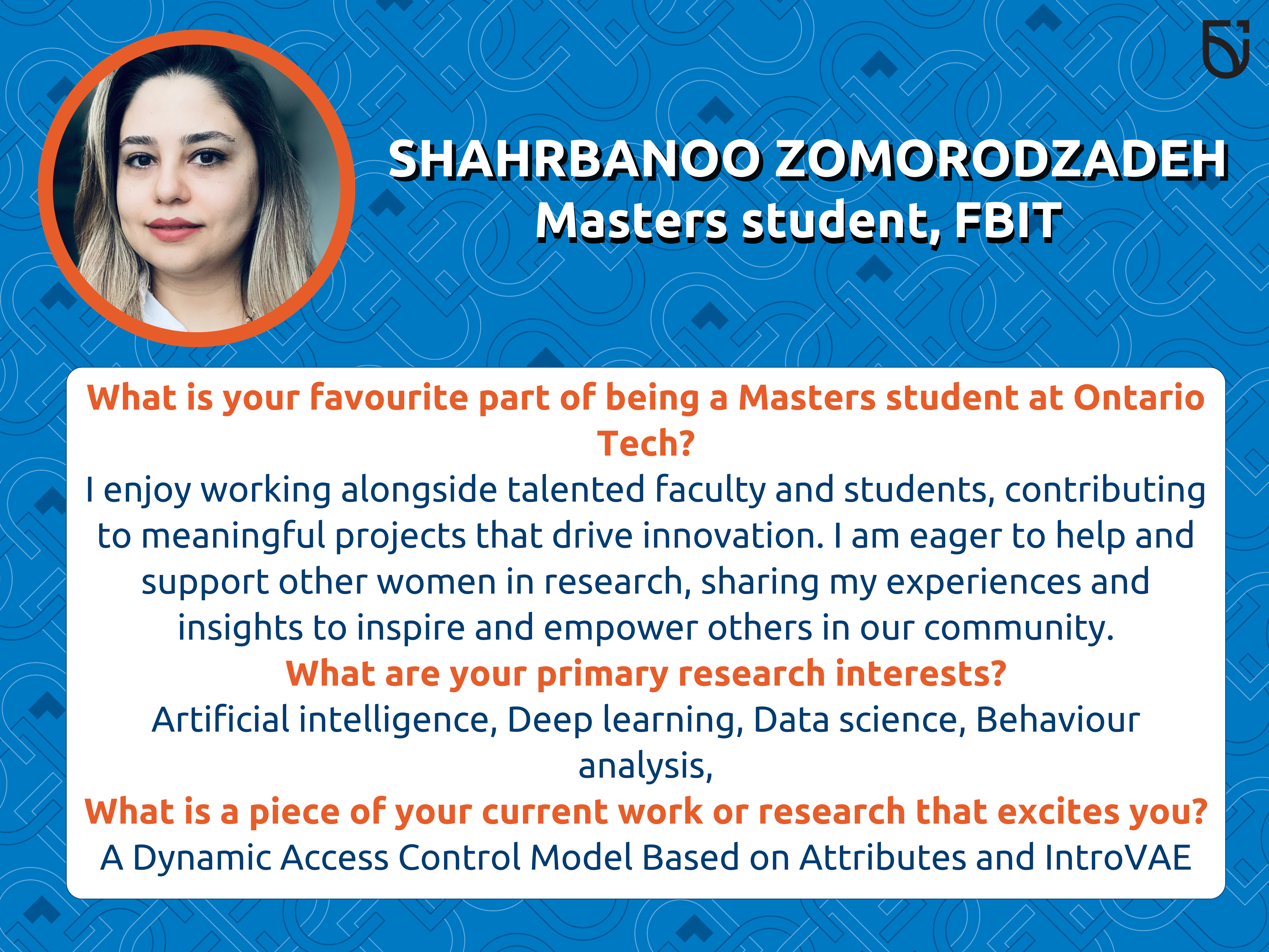 This photo is a Women's Wednesday feature for Shahrbanoo Zomorodzadeh, a Master’s Student in the Faculty of Business & IT