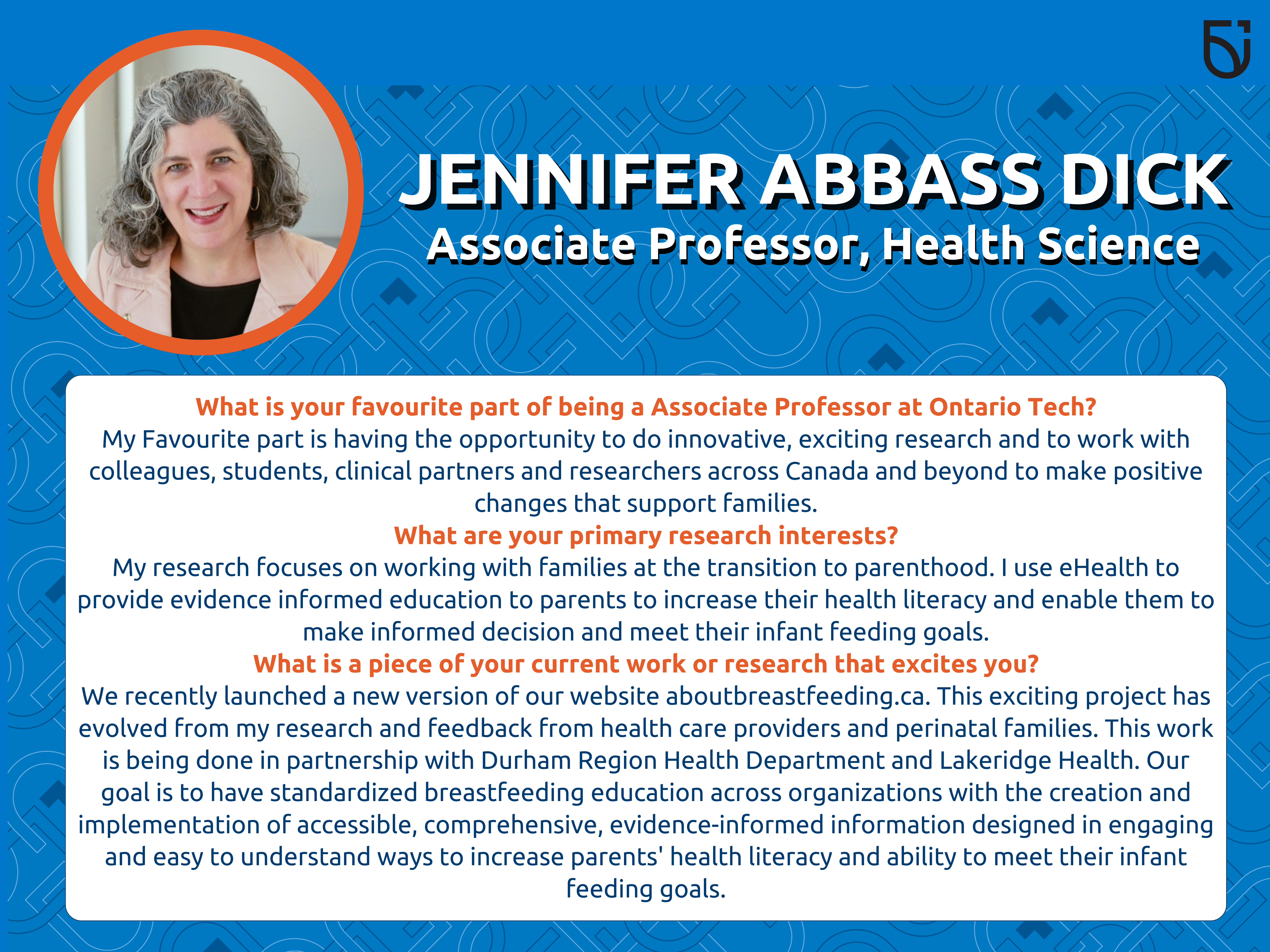 This photo is a Women's Wednesday feature of Dr. Jennifer Abbass Dick, and Associate Professor in the Faculty of Health Science