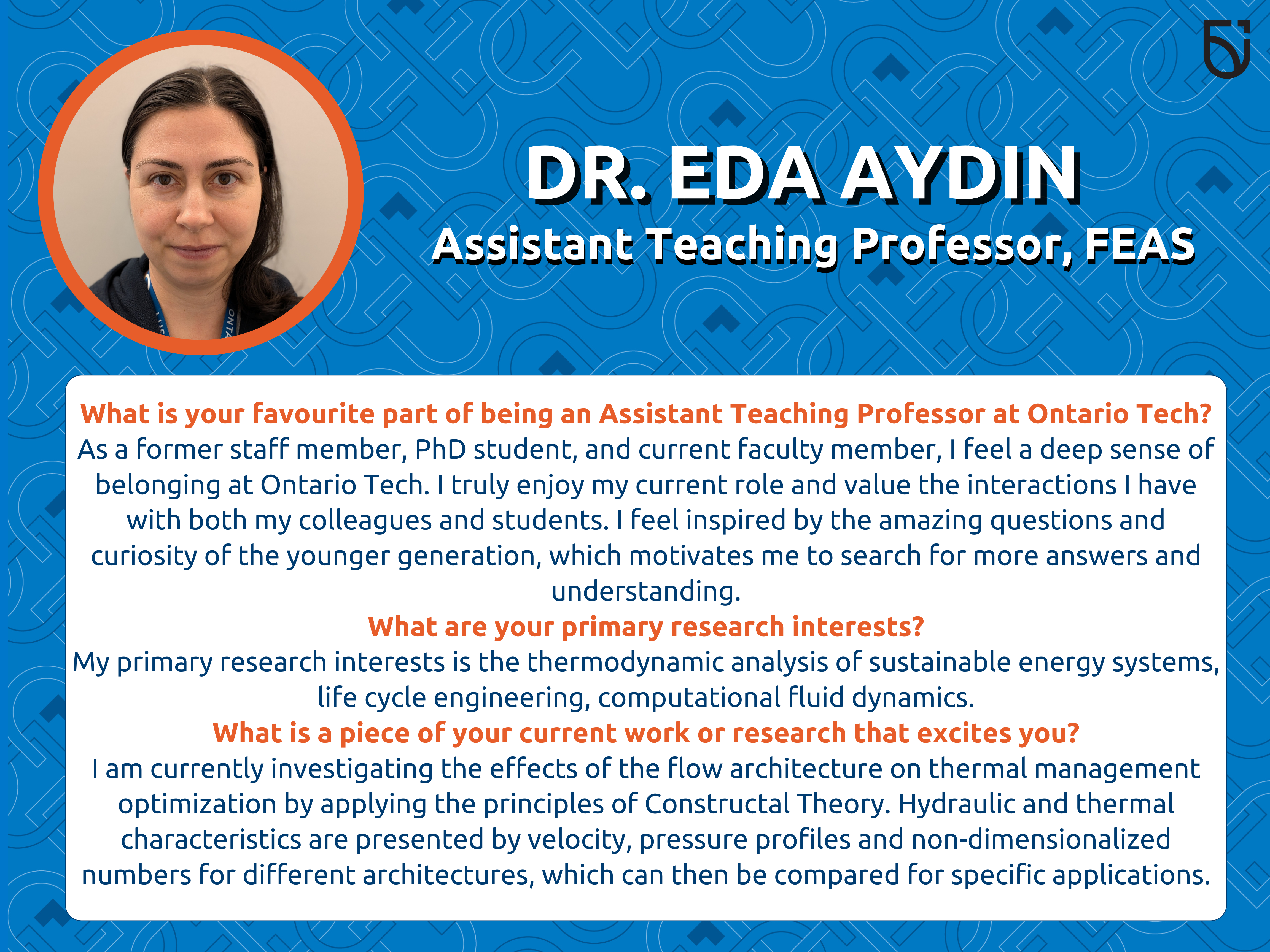 This photo is a Women's Wednesday feature of Dr. Eda Aydin, an Assistant Teaching Professor in the Faculty of Engineering and Applied Science.