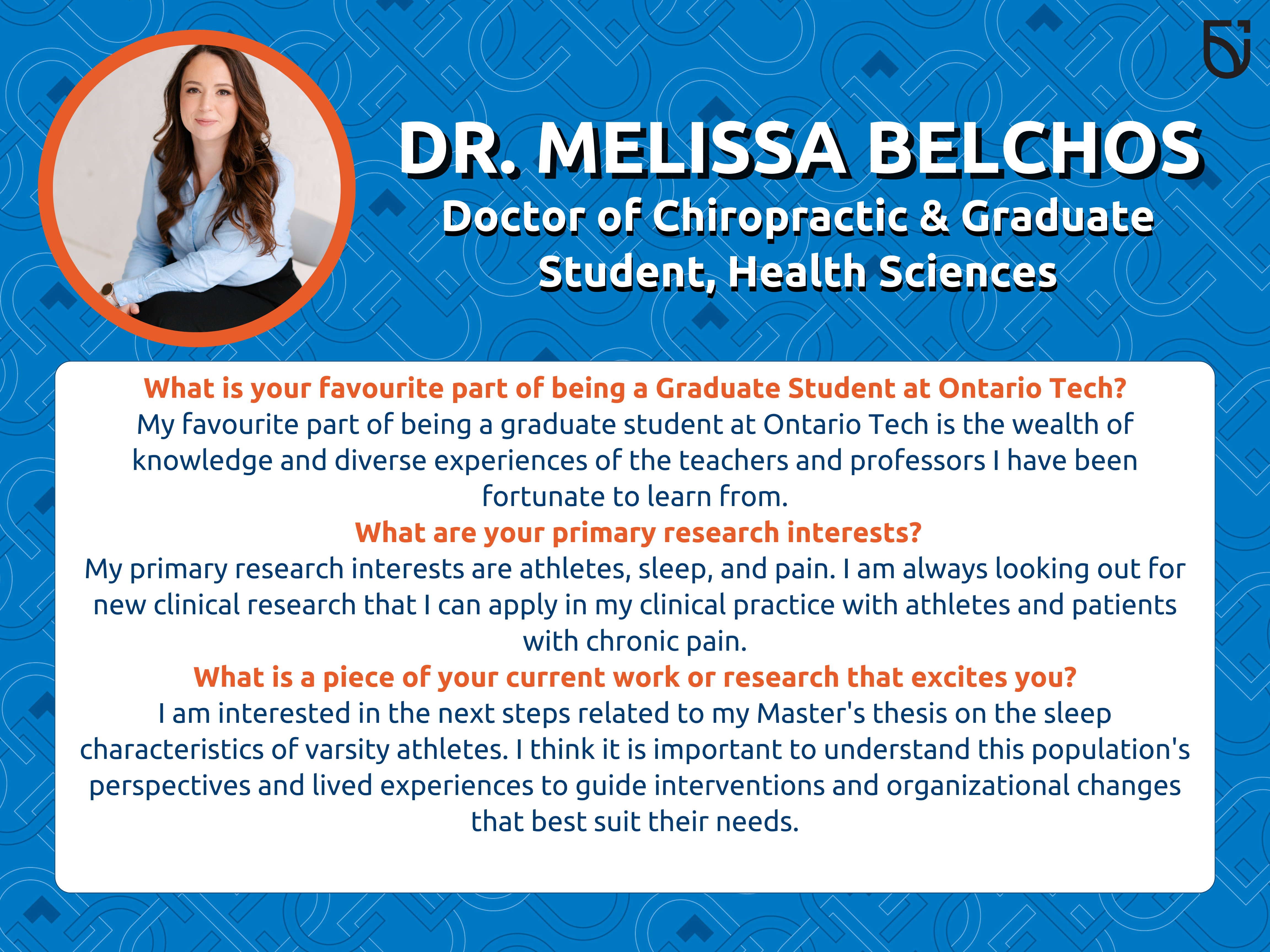 This photo is a Women's Wednesday feature of Melissa Belchos, a Doctor of Chiropractic and Master of Helath Sciences graduate in the Faculty of Health Sciences