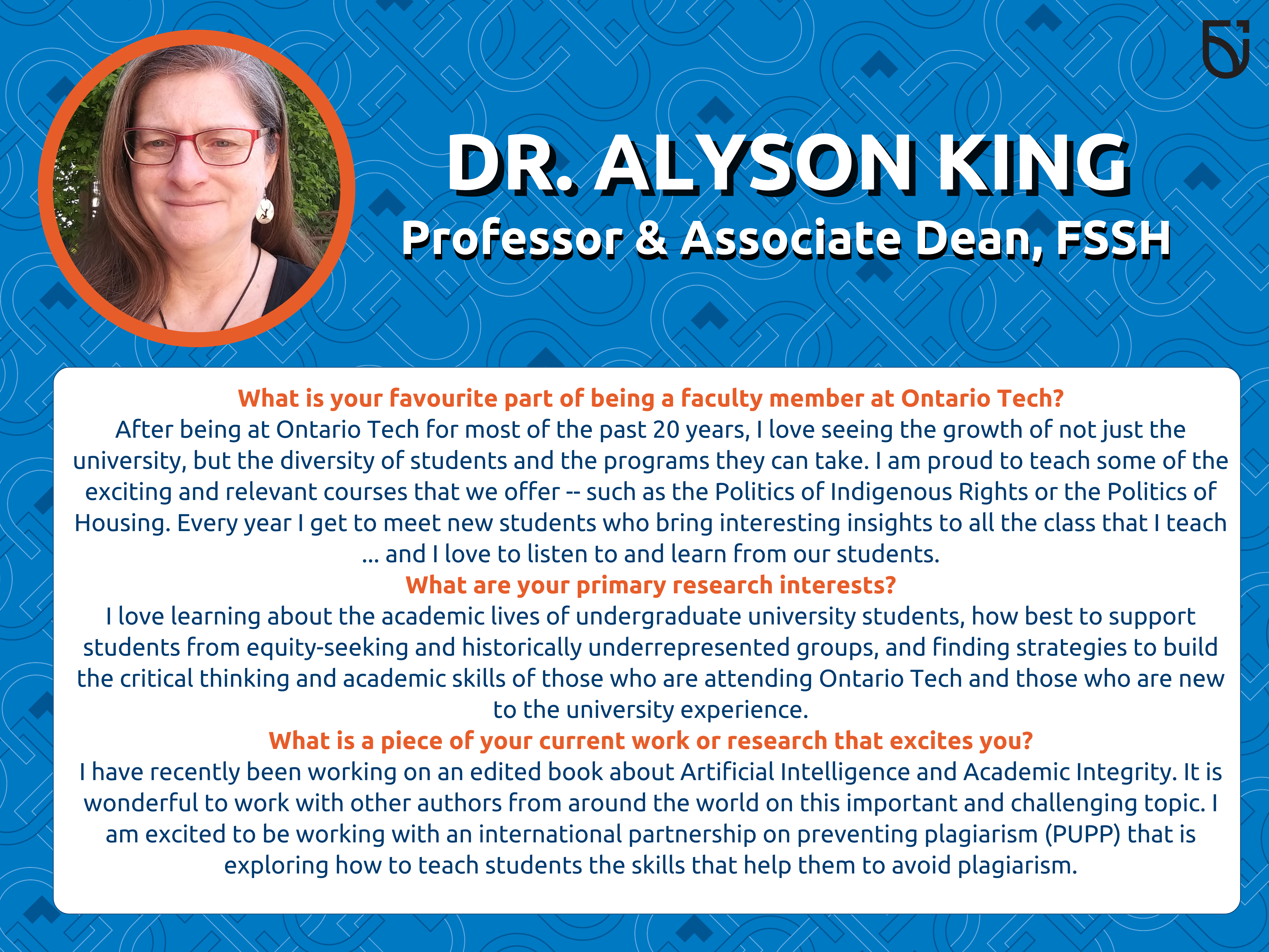 This photo is a Women’s Wednesday feature of Dr. Alyson King, a Professor and Associate Dean in the Faculty of Social Science and Humanities