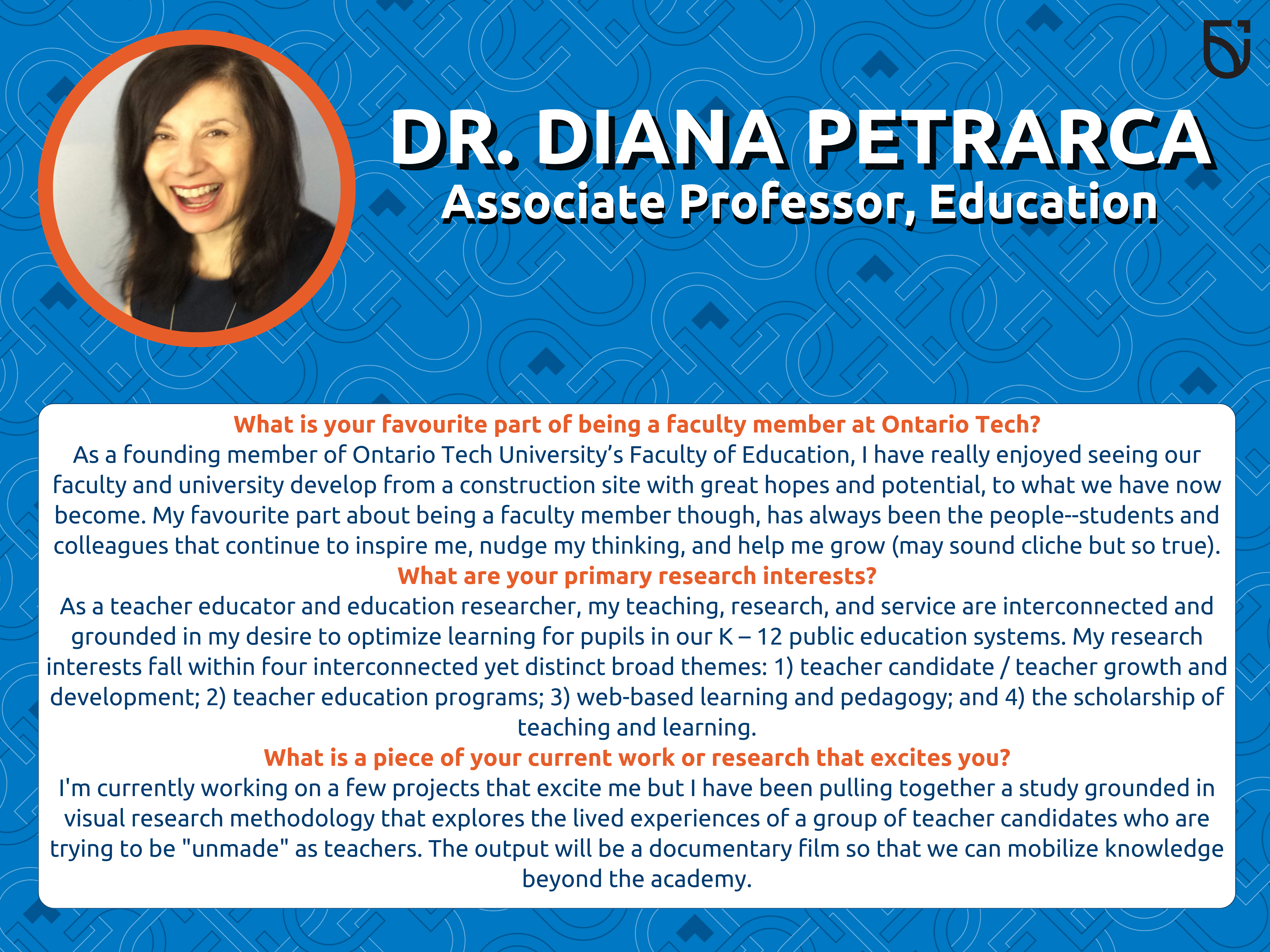 This photo is a Women’s Wednesday feature of Dr. Diana Petrarca, an Associate Professor in the Frazer Faculty of Education