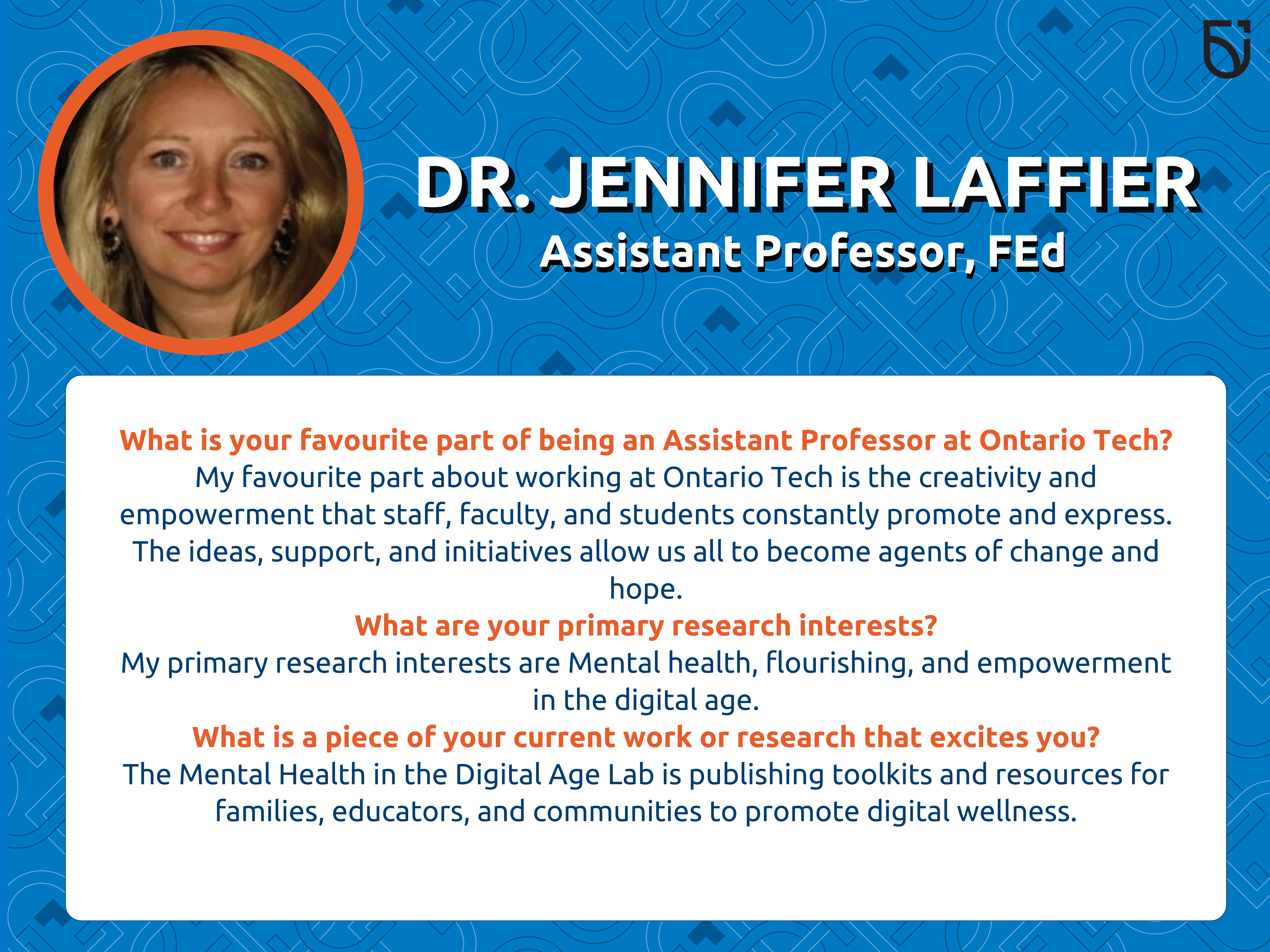 This photo is a Women's Wednesday feature of Dr. Jennifer Laffier, an Assistant Professor in the Frazer Faculty of Education