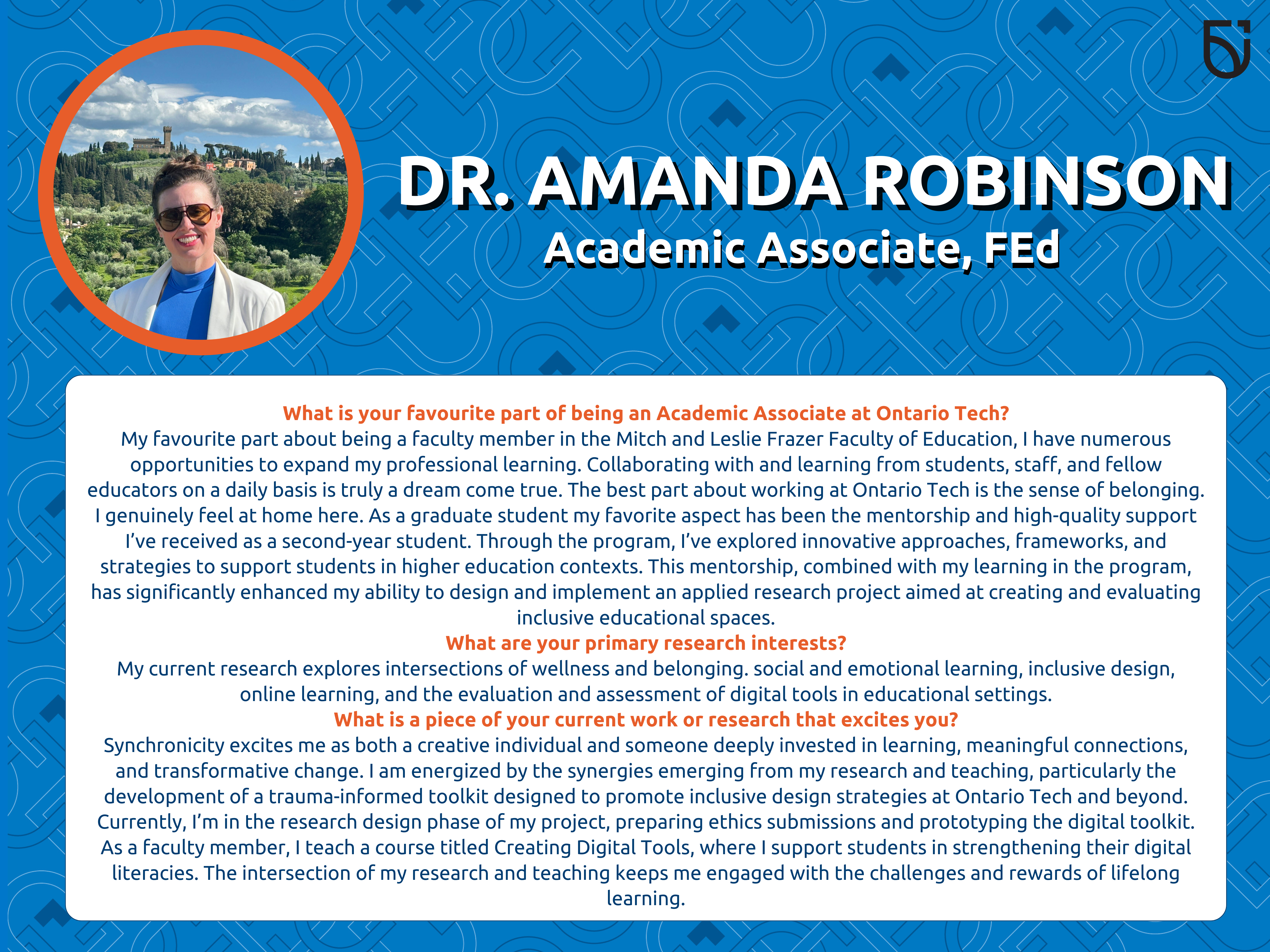 This photo is a Women's Wednesday feature of Dr. Amanda Robinson, an Academic Associate in the Frazer Faculty of Education.
