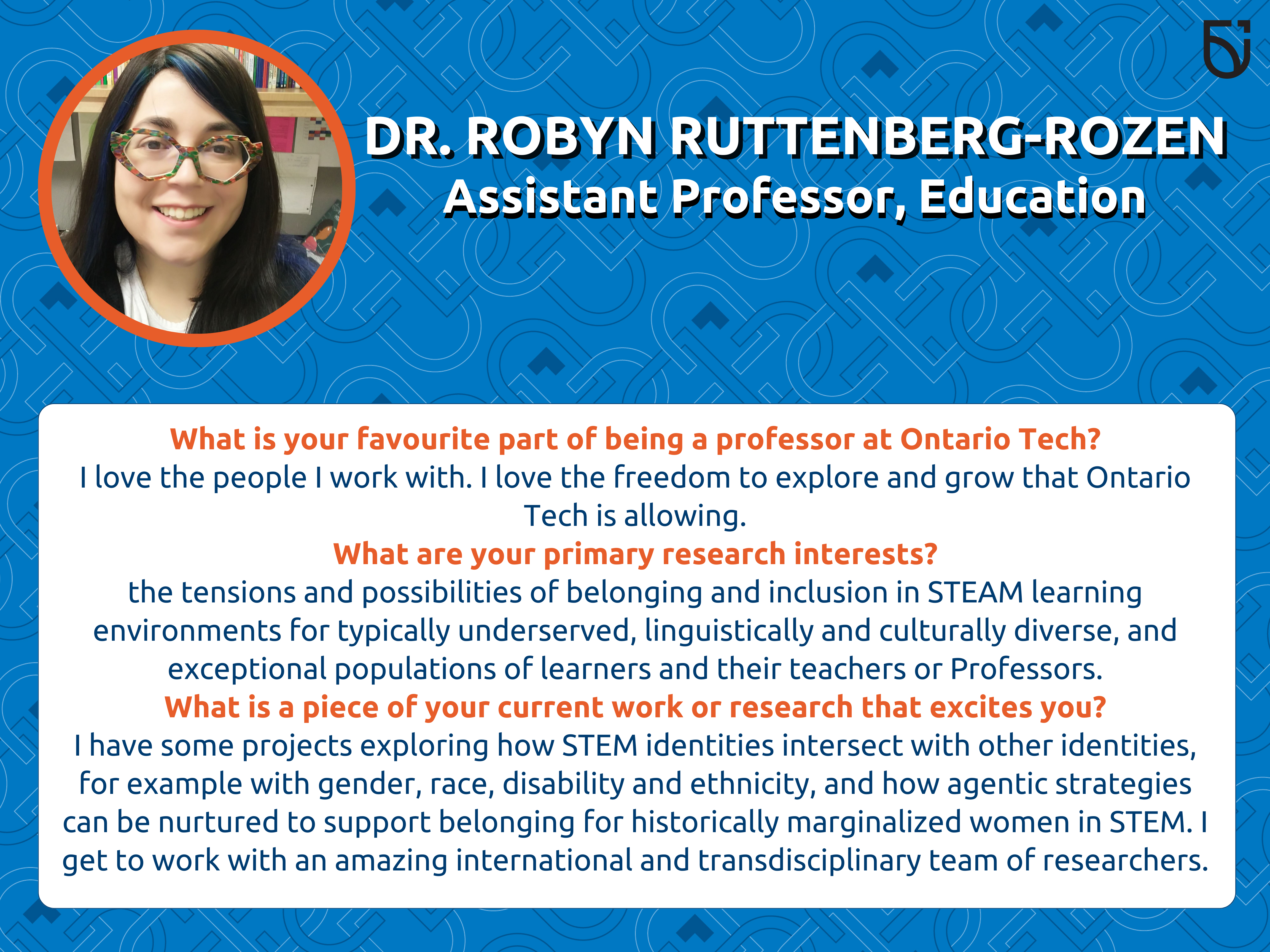 This photo is a Women’s Wednesday feature of Dr. Robyn Ruttenberg-Rozen, an Assistant Professor in the Frazer Faculty of Education