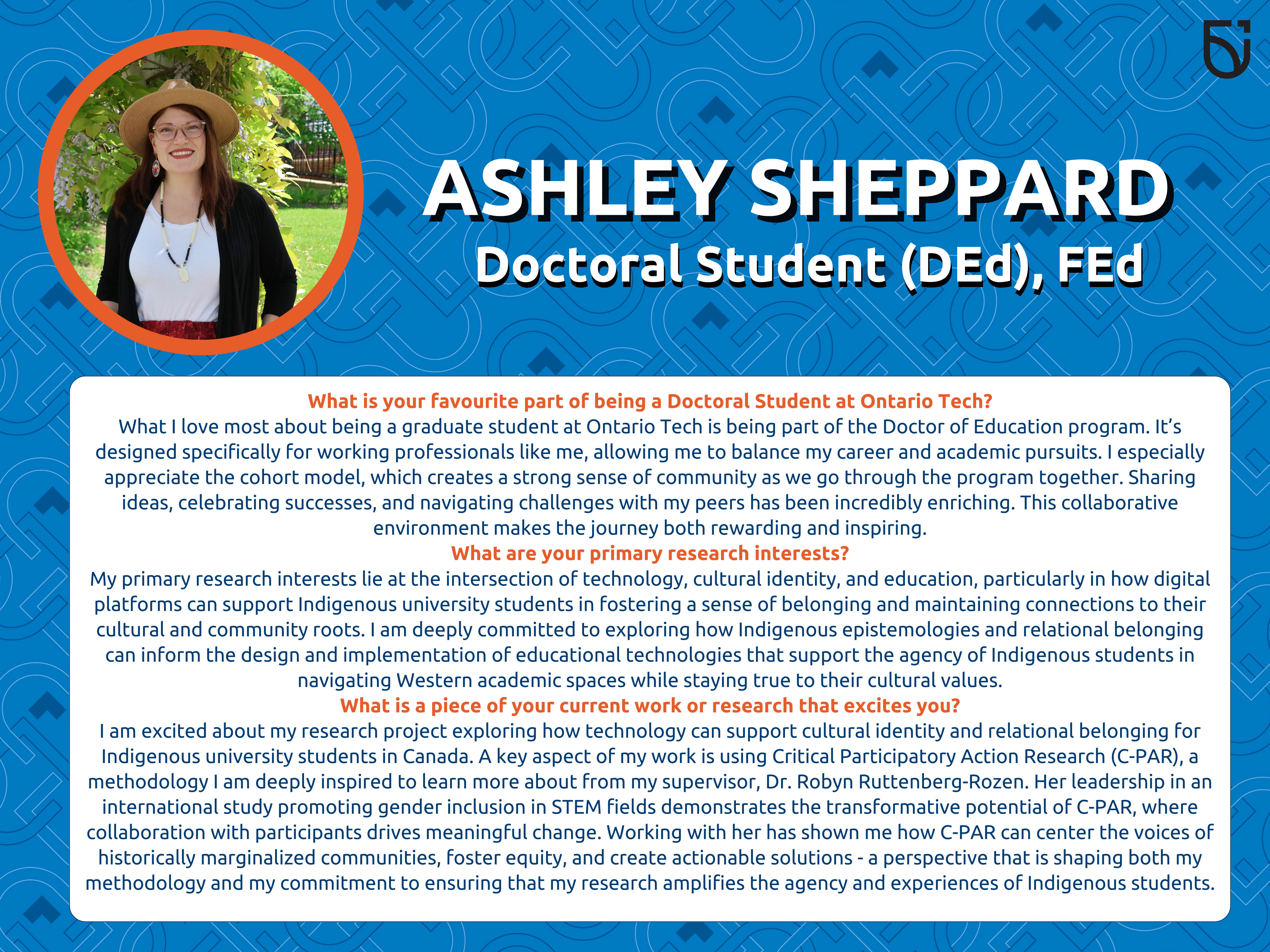 This photo is a Women's Wednesday feature of Ashley Sheppard, a Doctoral Student in the Frazer Faculty of Education