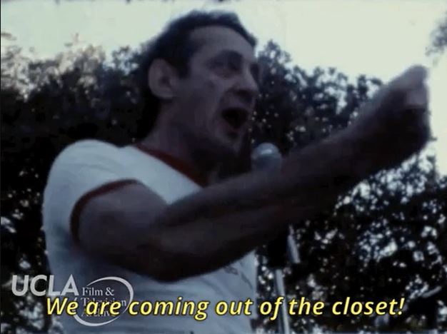 Screencap of Harvey Milk saying we are coming out of the closet 