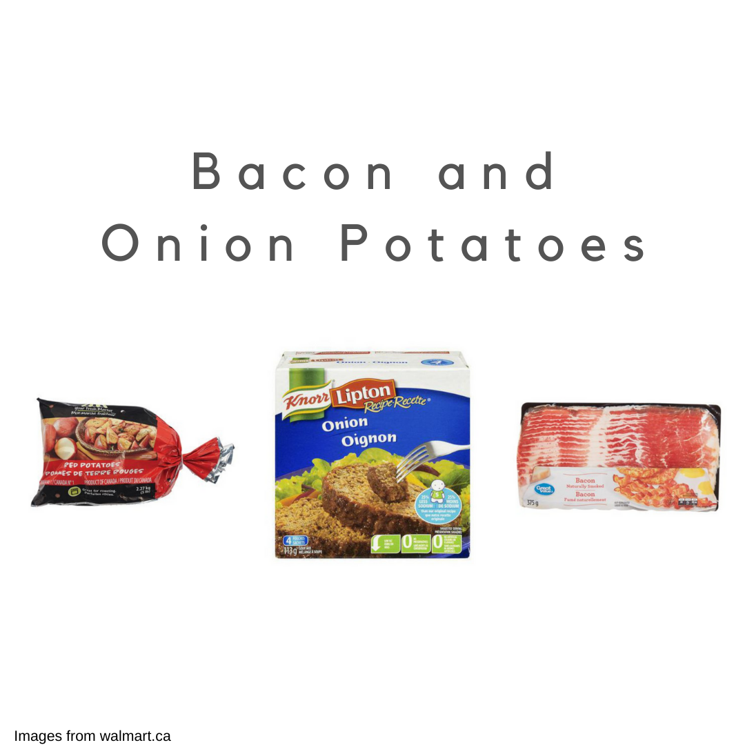 A bag of potatoes, a packet of onion soup mix, and a package of bacon on a white background.
