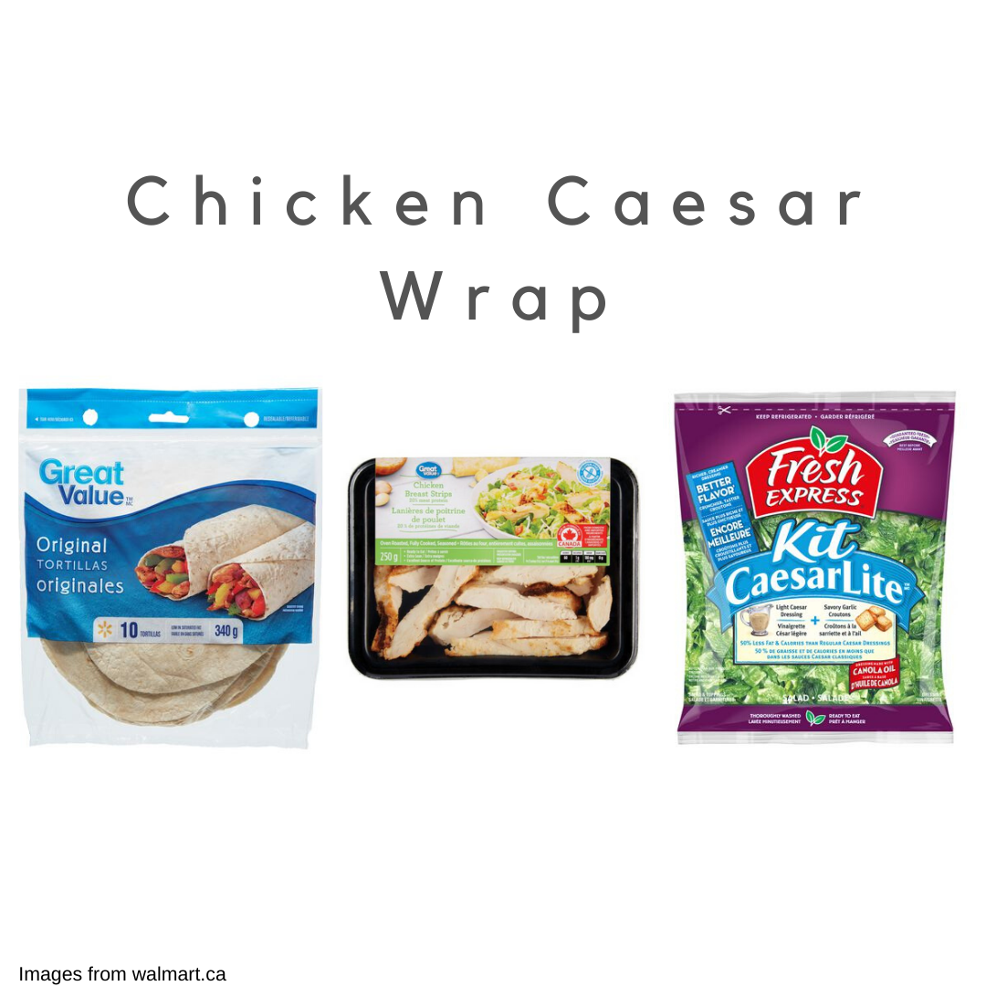 A bag of tortillas, ready-made chicken, and a ceasar salad kit.