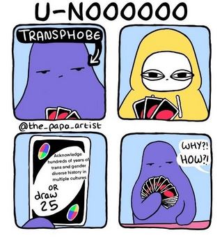 A four panel comic entitled “U-NOOOOOO”. Panel One shows uno player one holding three cards with an arrow pointing to them labelling them as a transphobe. Panel two shows player two also with three cards. Panel three shows the card pulled by player one which says, “Acknowledge hundreds of years of trans and gender diverse history in multiple cultures or draw 25”. The fourth panel shows player one holding twenty-eight cards and player two is asking “WHY?! HOW?!”. 