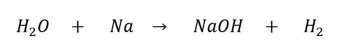 Image shows the following chemical equation: H2O + Na react to make NaOH + H2