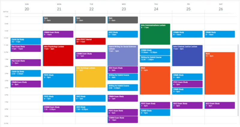calendar view of a study plan layout with times for exam prep