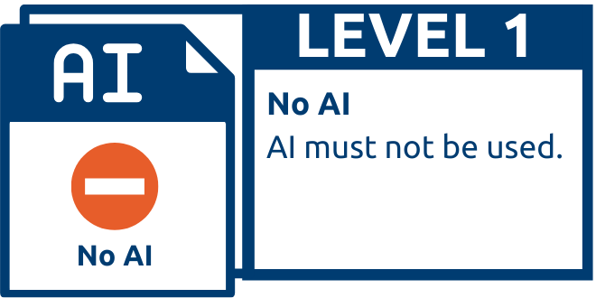 AI Level 1 Icon: A do-not-enter sign, with the words Level 1: No AI. AI must not be used.