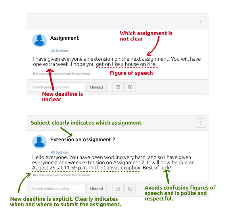 An example of ineffective versus effective communication posts.