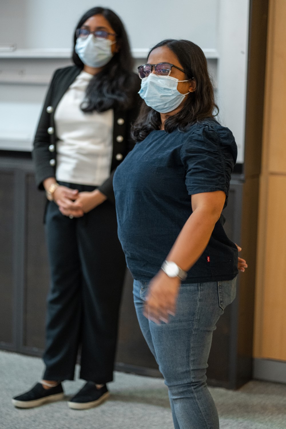 Latha Anekal (front) and Anindita Golder speak on the importance of multidisciplinary approaches to the design and development of electric vehicles.