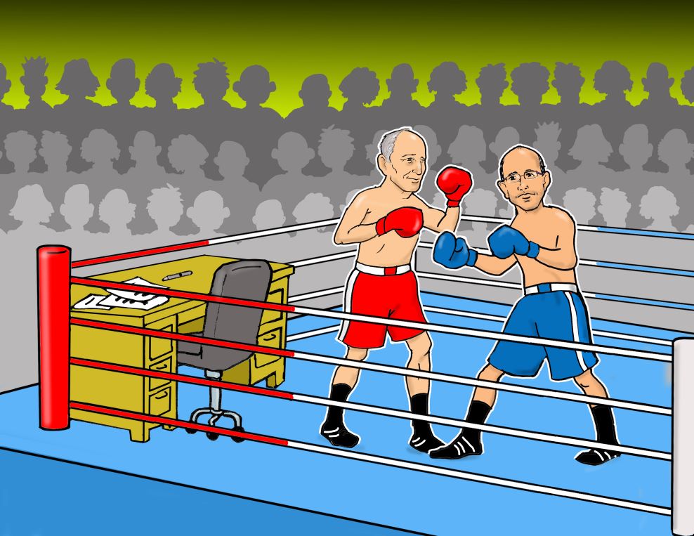 The thrust and parry of the sustainability debate is well-argued in the writings of two men, Vaclav Smil and Yuval Noah Harari. This image depicts the two authors in a boxing ring.