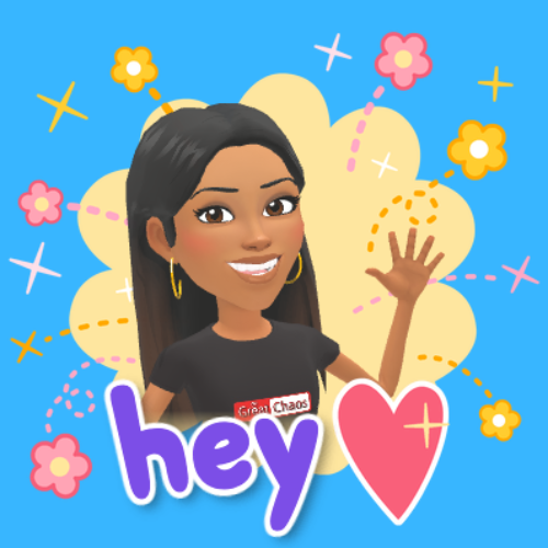Cartoon-style avatar of a smiling woman with long dark hair waving on a blue background with flowers and sparkles, with the word “hey” and a pink heart.
