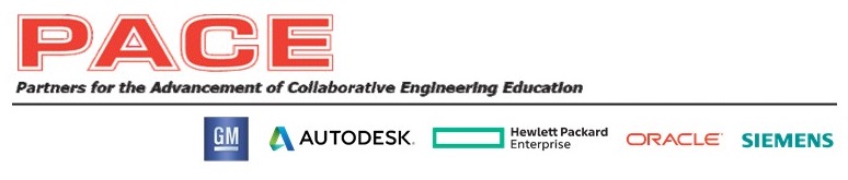 The logos of the Partners for the Advancement of Collaborative Engineering Education which include General Motors, Auto Desk, Hewlett Packard Enterprise, Oracle and Siemens