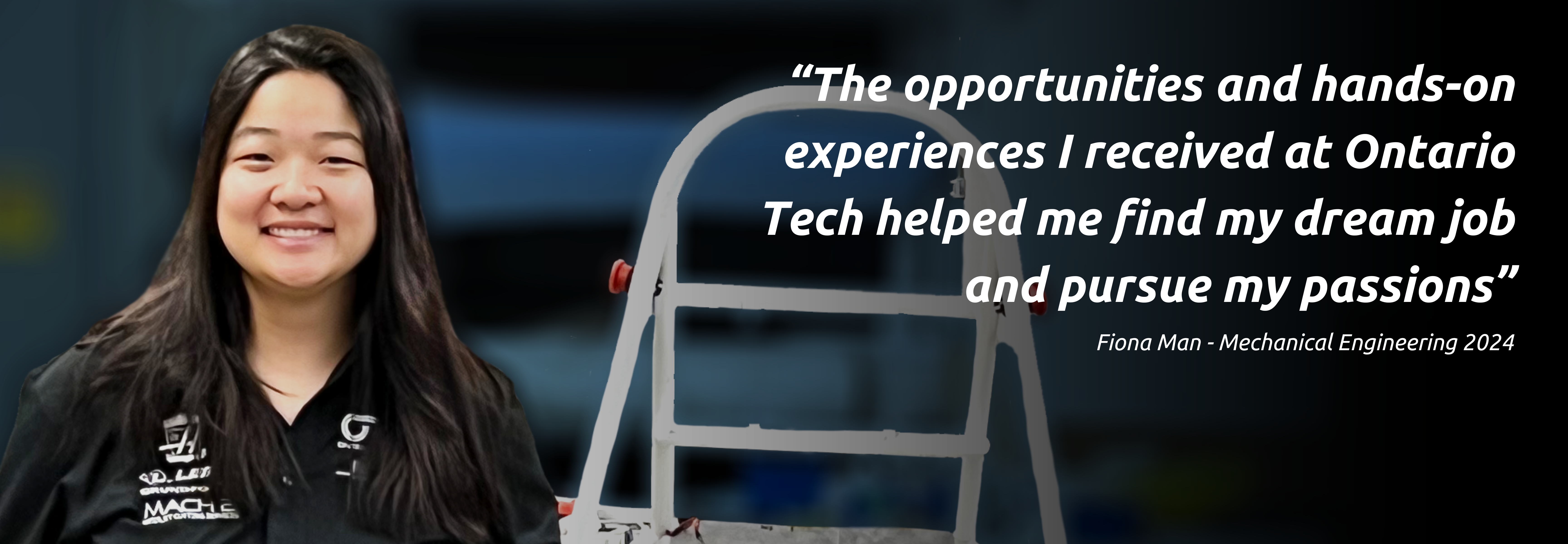 A headshot of a woman smiling. beside a quote that reads "“The opportunities and hands-on experiences I received at Ontario Tech helped me find my dream job and pursue my passions”