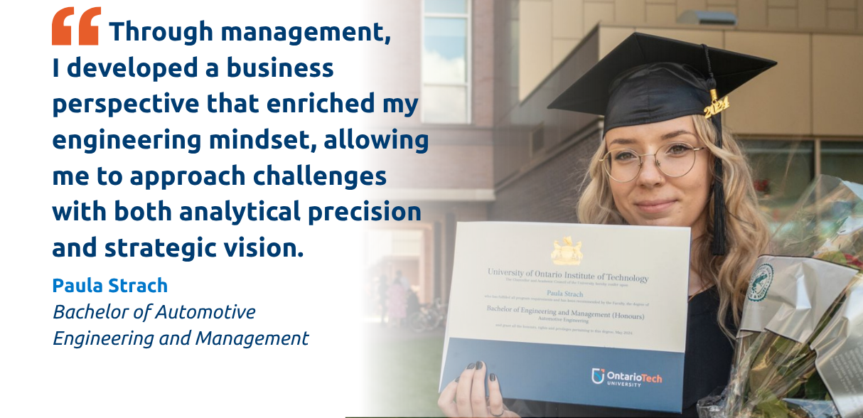 Graduate Paula Strach holds her diploma in Automotive Engineering and Management, emphasizing the blend of business perspective and engineering mindset she developed during her studies.