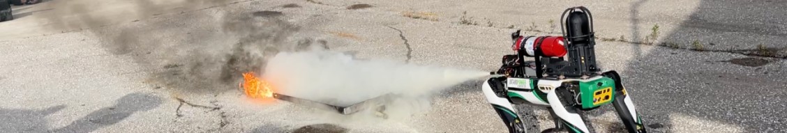 a green and white 4 legged robot putting out a fire with a fire extinguisher