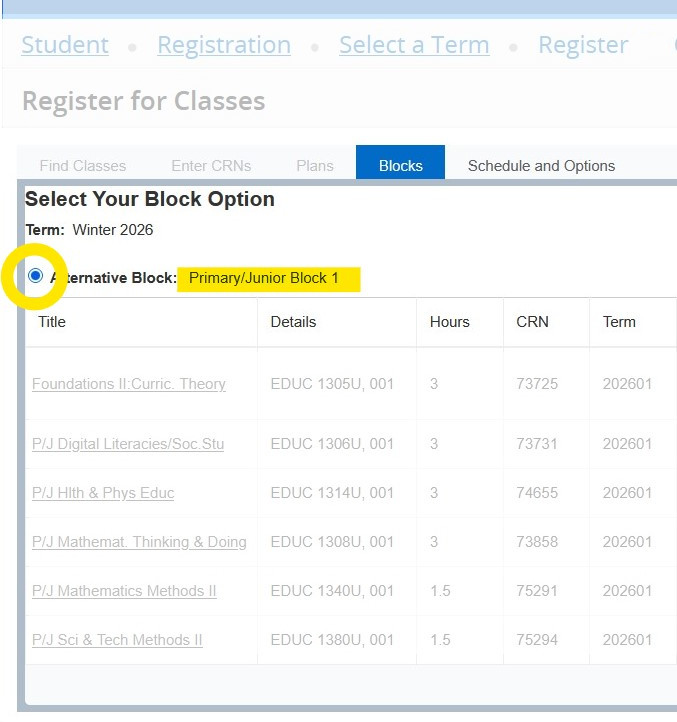 Screenshot of the Ontario Tech course registration system illustrating how students register for a "block" of courses.