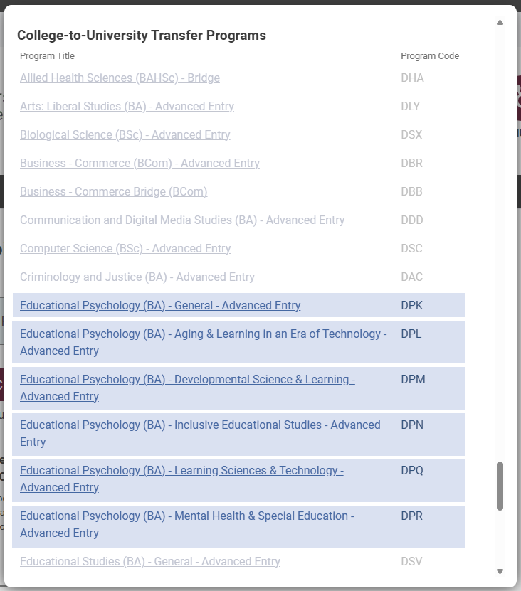 Screenshot of the Ontario Universities' Application Centre with all Educational Psychology, Advanced Entry program options highlighted in blue.