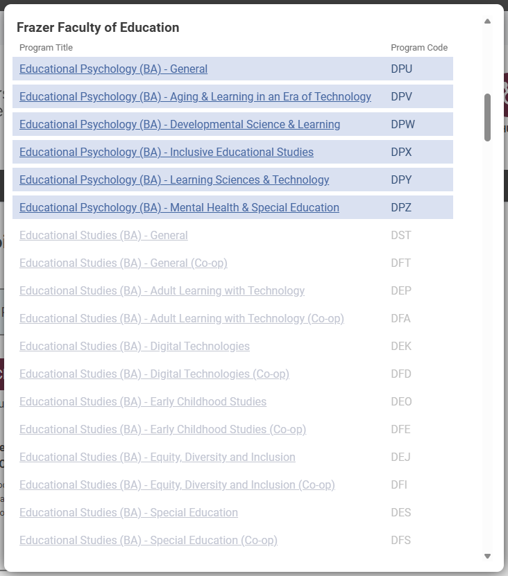 Screenshot of the Ontario Universities' Application Centre with all Educational Psychology program options highlighted in blue.