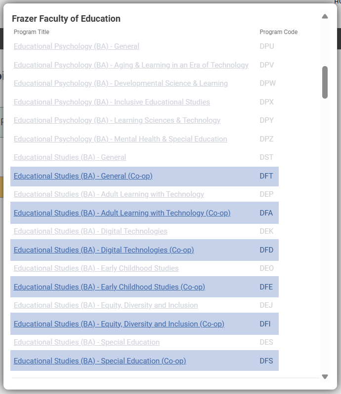 Screenshot of the Ontario Universities' Application Centre with all EDST Co-op program options highlighted in blue.