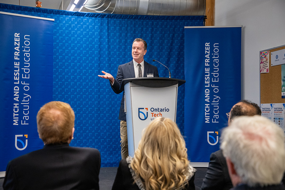 Dr. Robin Kay delivering a short address during the 2024 Mitch and Leslie Frazer Faculty of Education renaming announcement. 