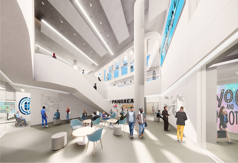 Artistic rendering of a future indoor public space at Ontario Tech University (building scheduled to open in Fall 2021).
