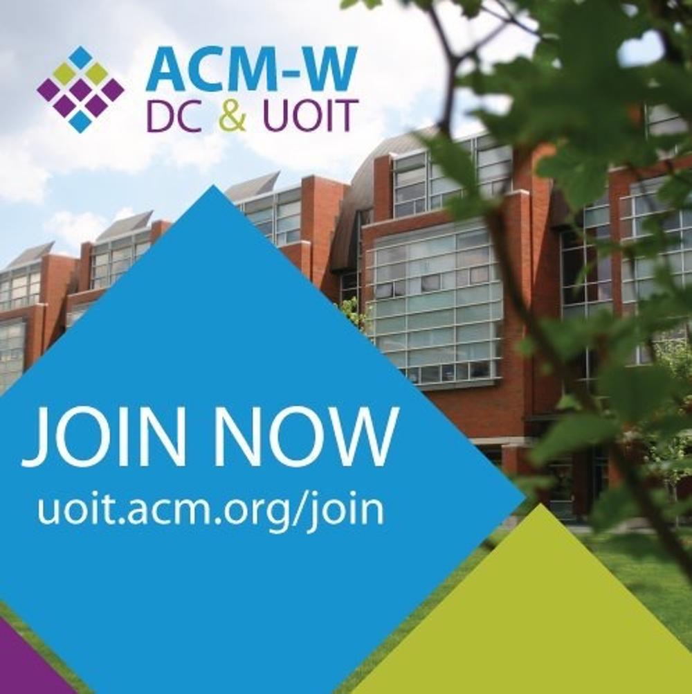 The image contains the following text: ACM-W DC & UOIT, JOIN NOW uoit.acm.org/join