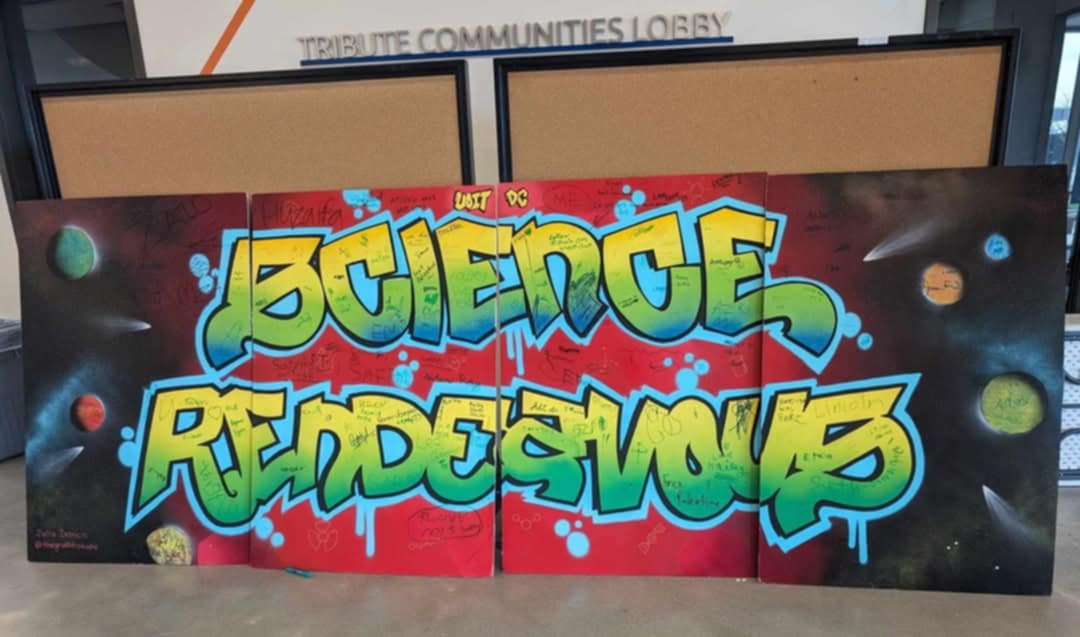 Science Rendezvous written in brighlty coloured grafitti