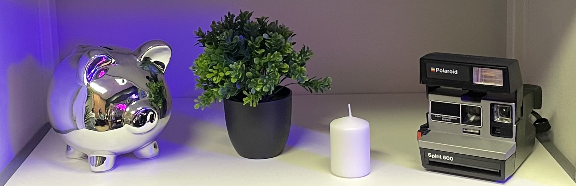 decorative white shelf with silver piggy bank, fake plant, candle and polaroid camera