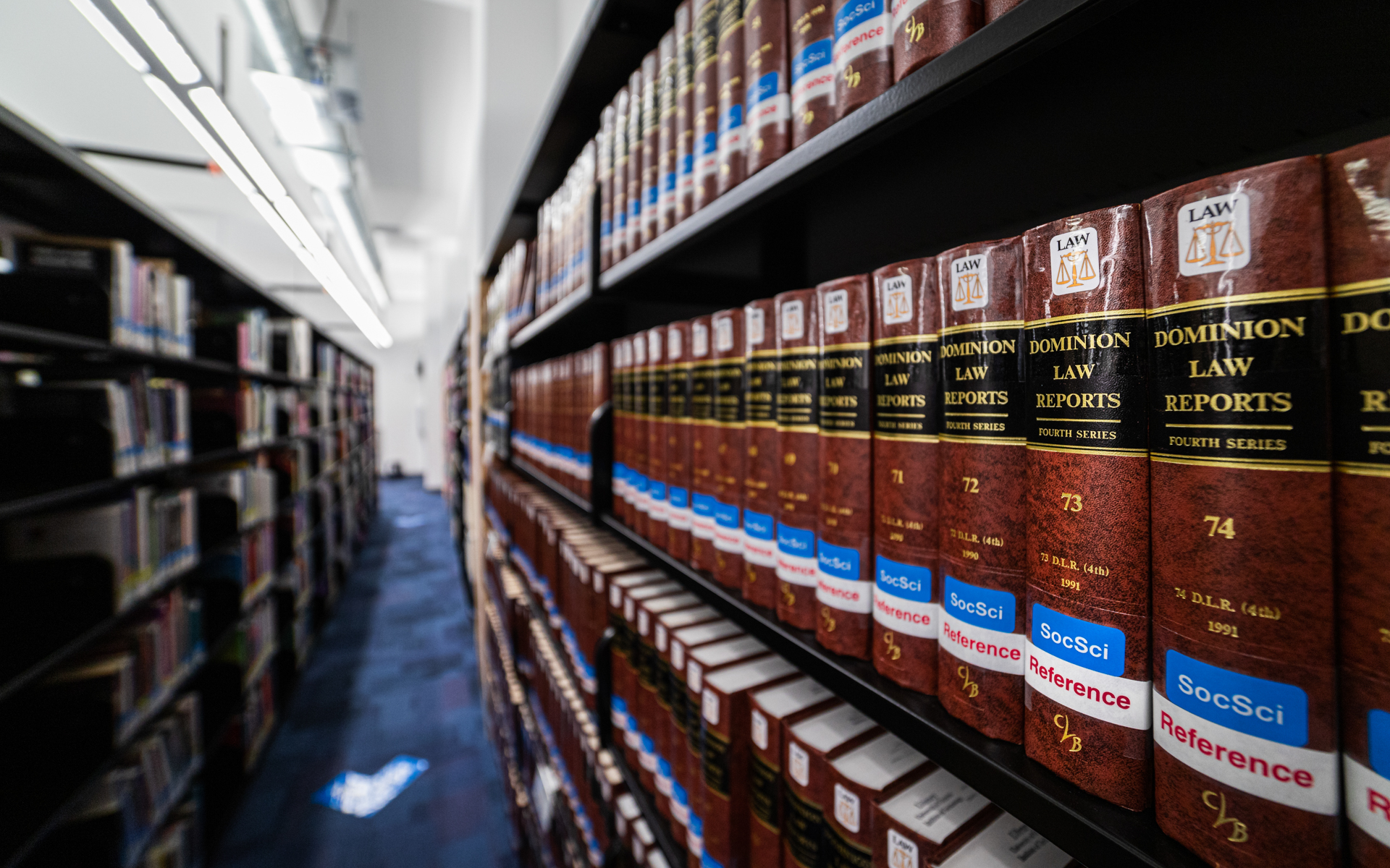 Rows of law books in library