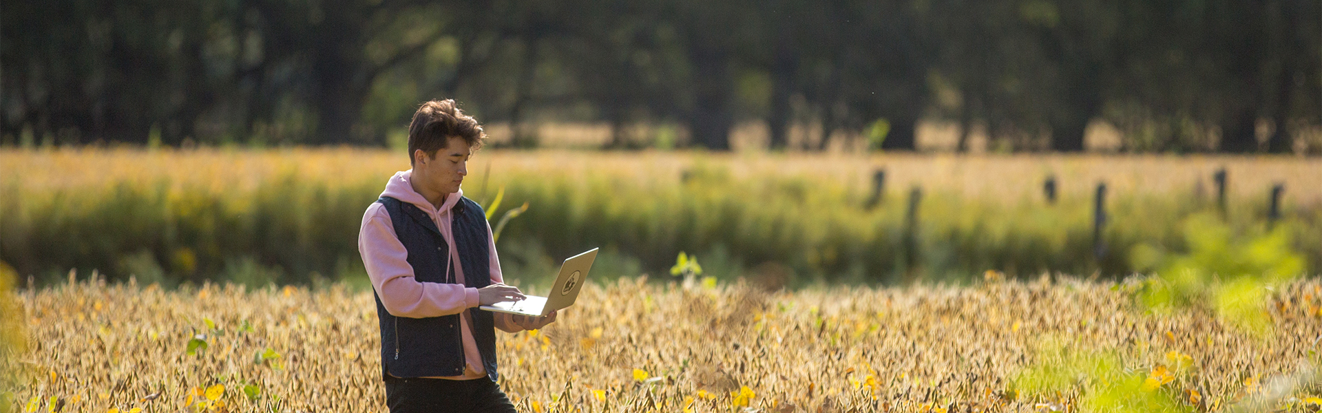a student walking through a field with a laptop