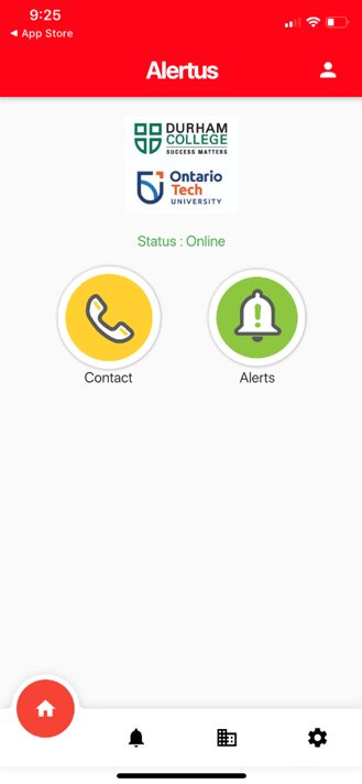 How the alertus app homepage appears on a mobile phone